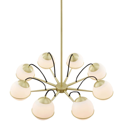 Gold mid-century chandelier with frosted glass globe shades on radiating arms, pendant light.