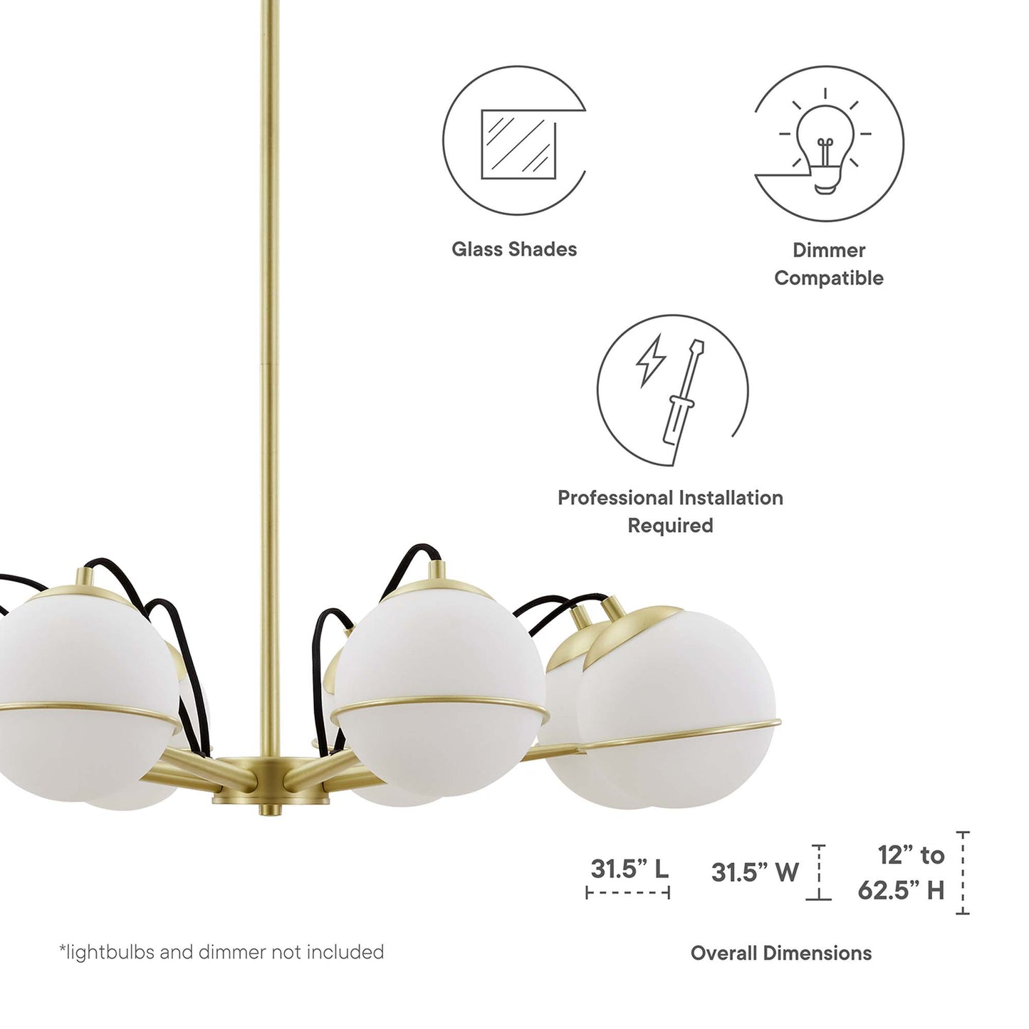 Gold brass chandelier with white glass globe shades on multi-arm frame, modern glam style.