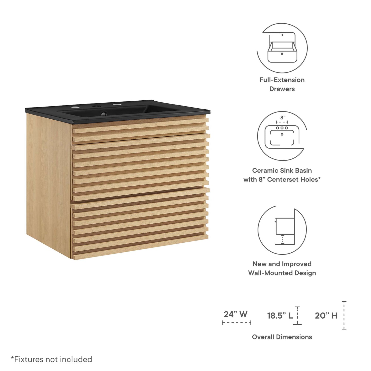 Modway - Render 24" Wall-Mount Bathroom Vanity by Modway  Bathroom Vanities Black - EEI-5364-OAK-BLK