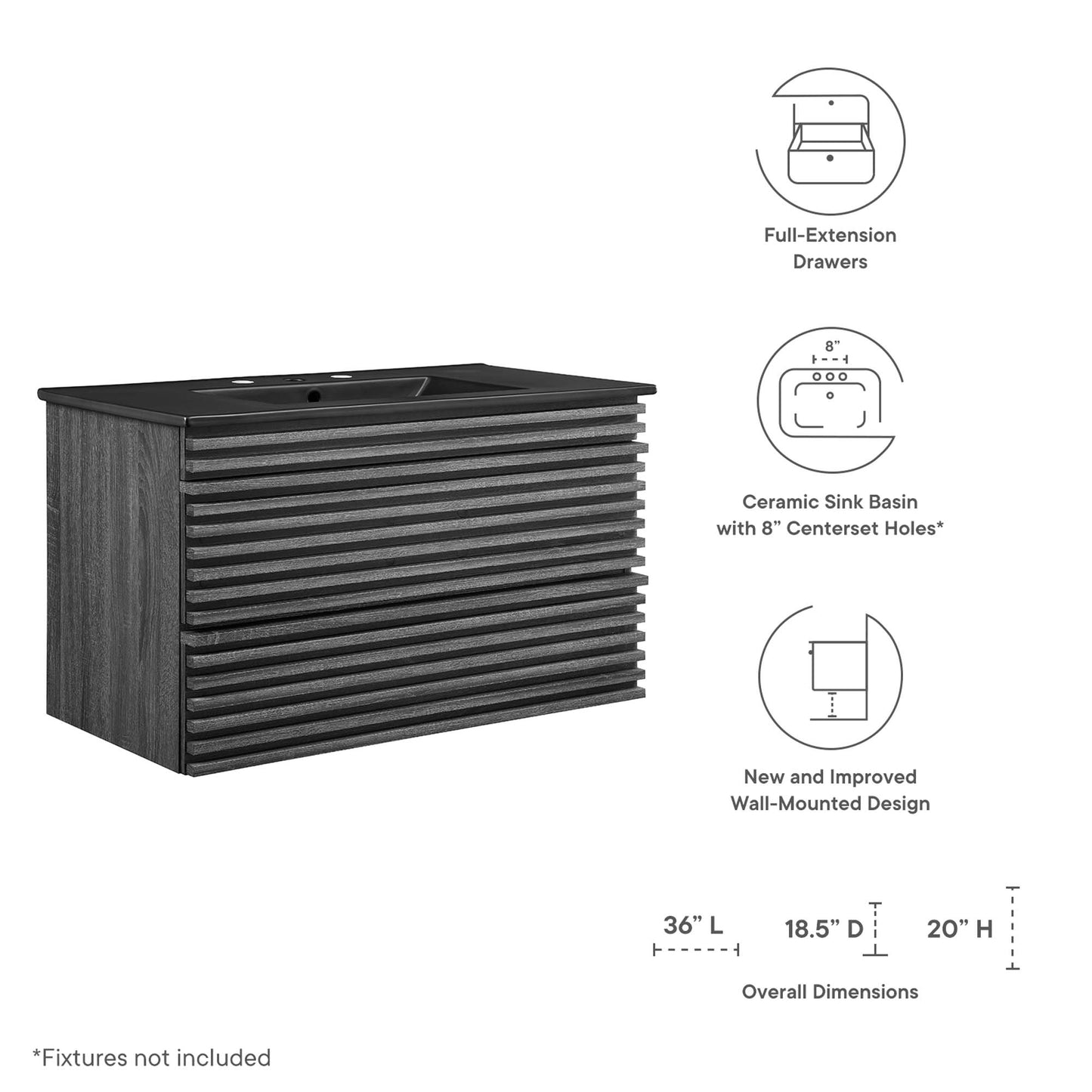 Modway - Render 36" Wall-Mount Bathroom Vanity by Modway  Bathroom Vanities Black - EEI-5395-CHA-BLK