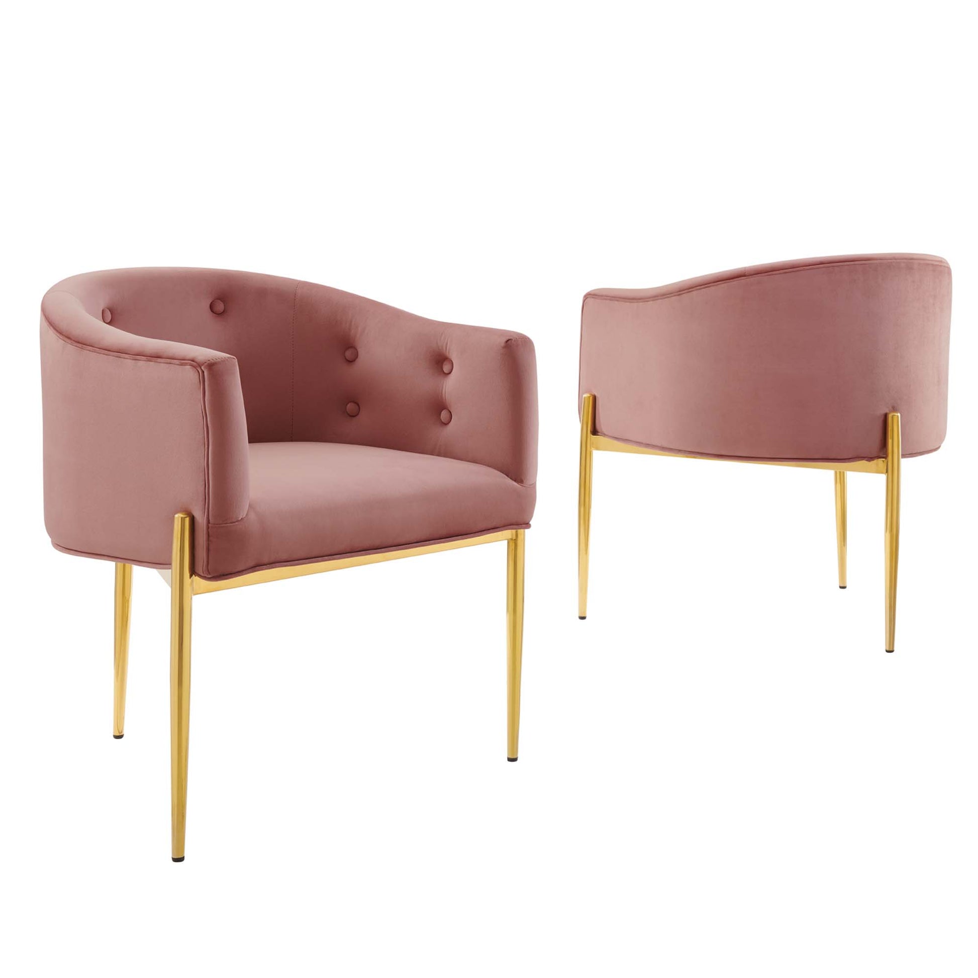 Dusty rose velvet accent chairs set of 2 with gold metal legs, curved backs and tufted button details.
