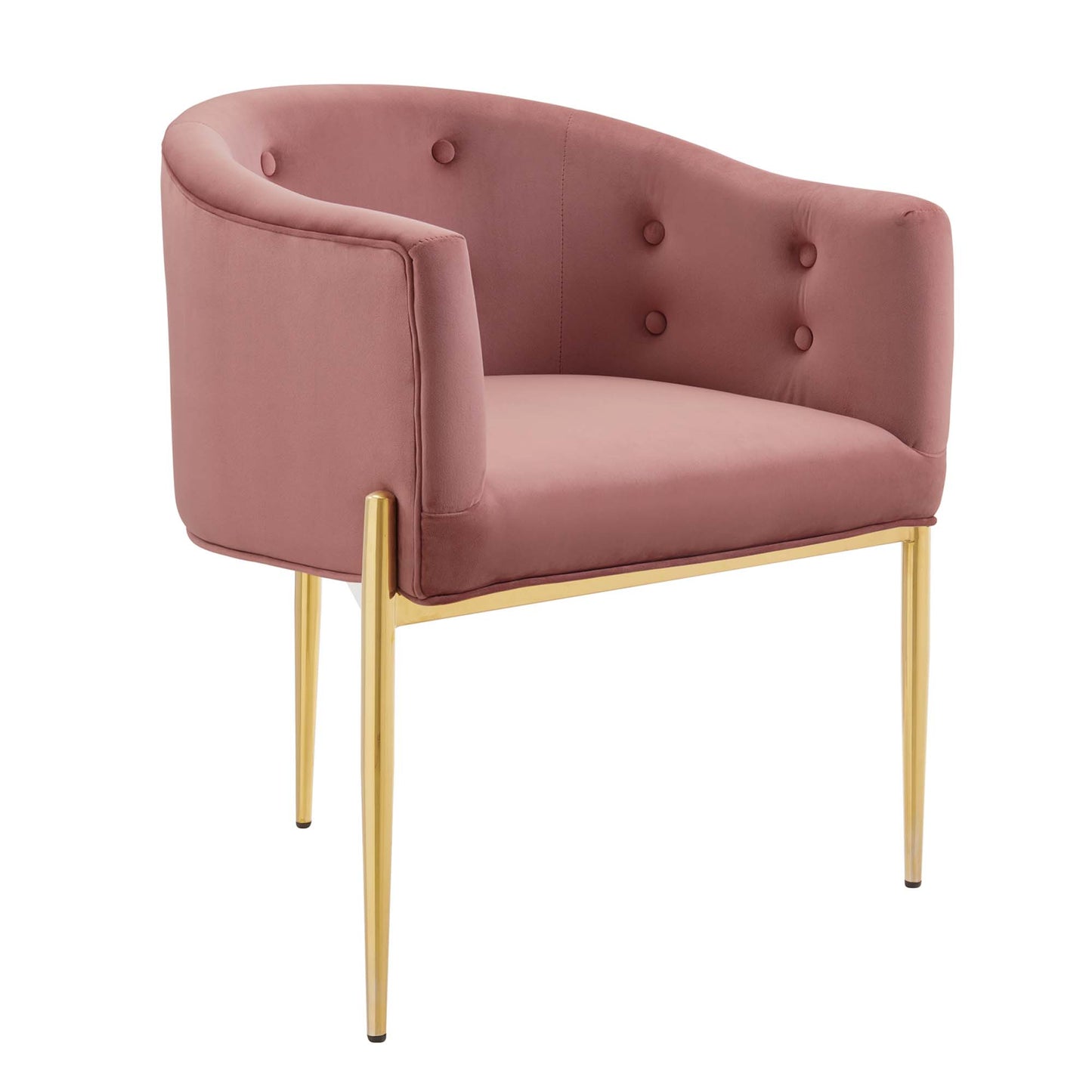 Pink velvet curved accent chair with tufted back and gold metal legs, modern glam seating