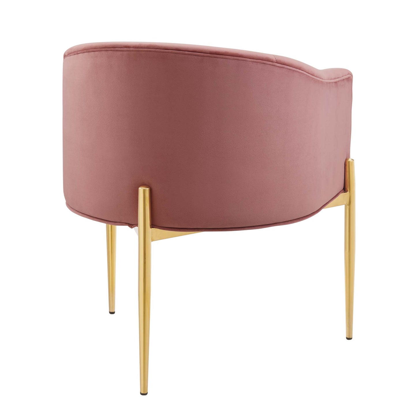 Dusty rose velvet accent chair with curved back & gold tapered legs.