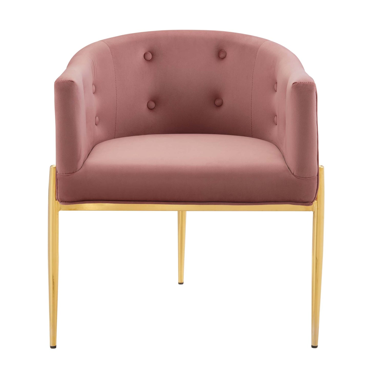 Dusty pink velvet armchair with curved back, button tufting, and gold metal legs.