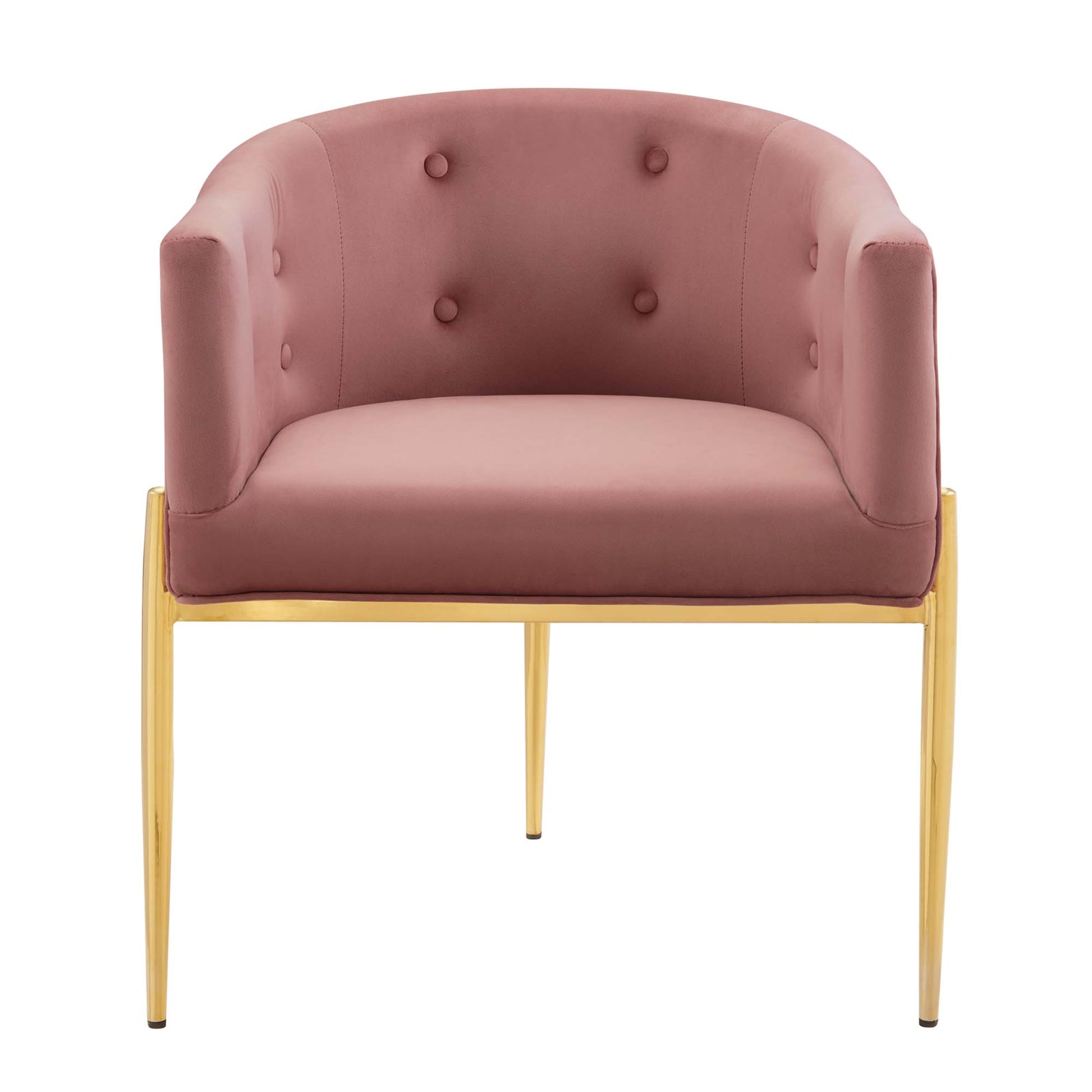 Dusty pink velvet armchair with curved back, button tufting, and gold metal legs.