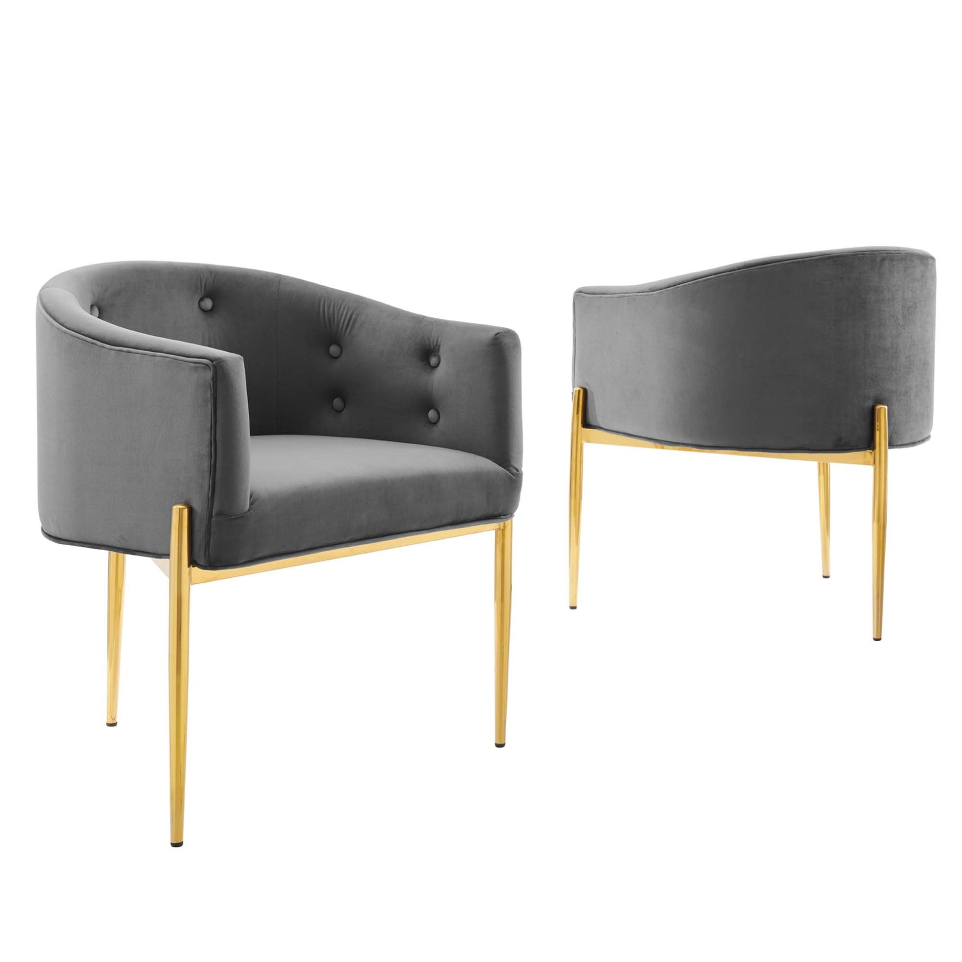 Pair of grey velvet accent chairs with curved backs, button-tufted back, & gold-tone metal legs.