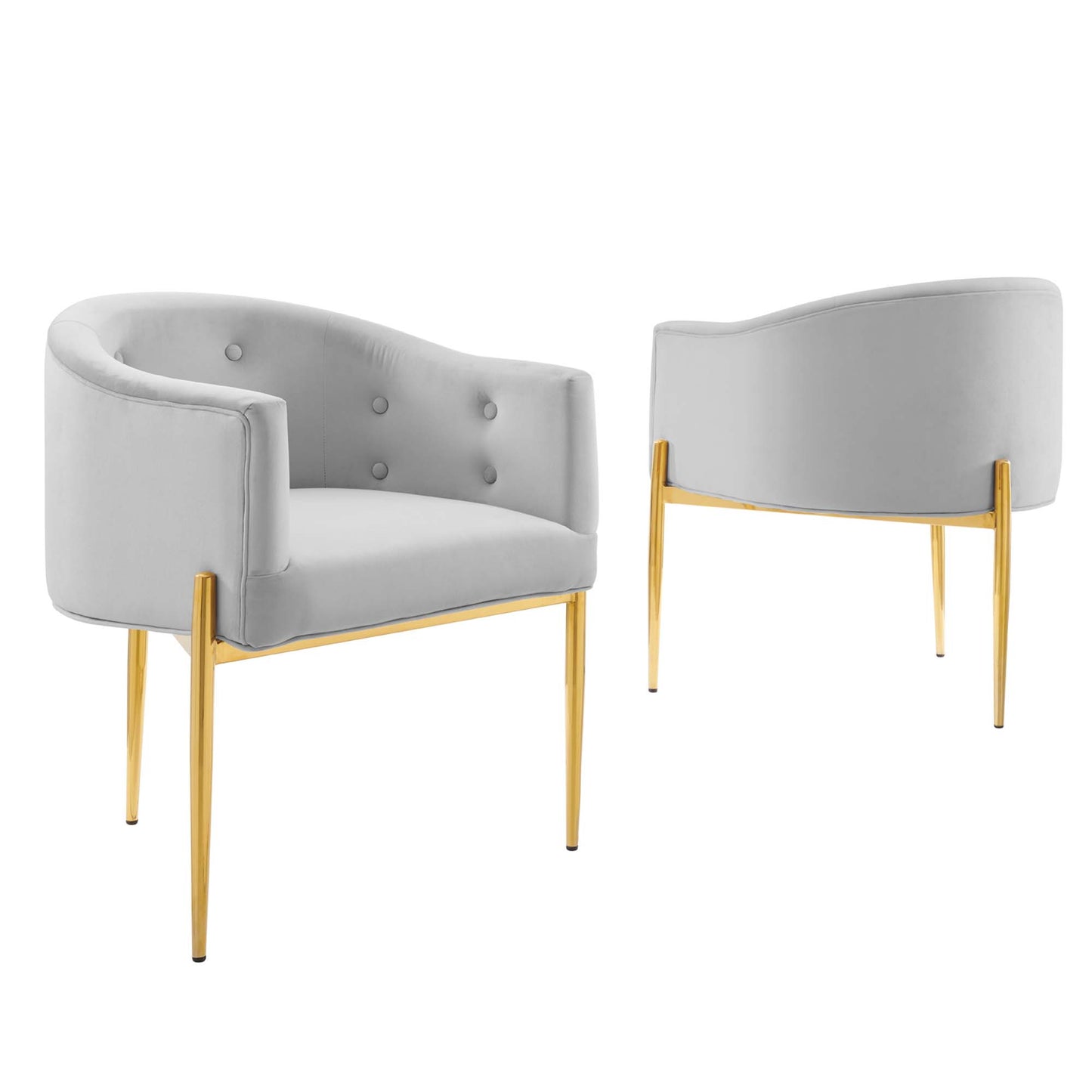 Pair of gray velvet accent chairs with gold tapered legs, curved back, and subtle button tufting for modern living room.