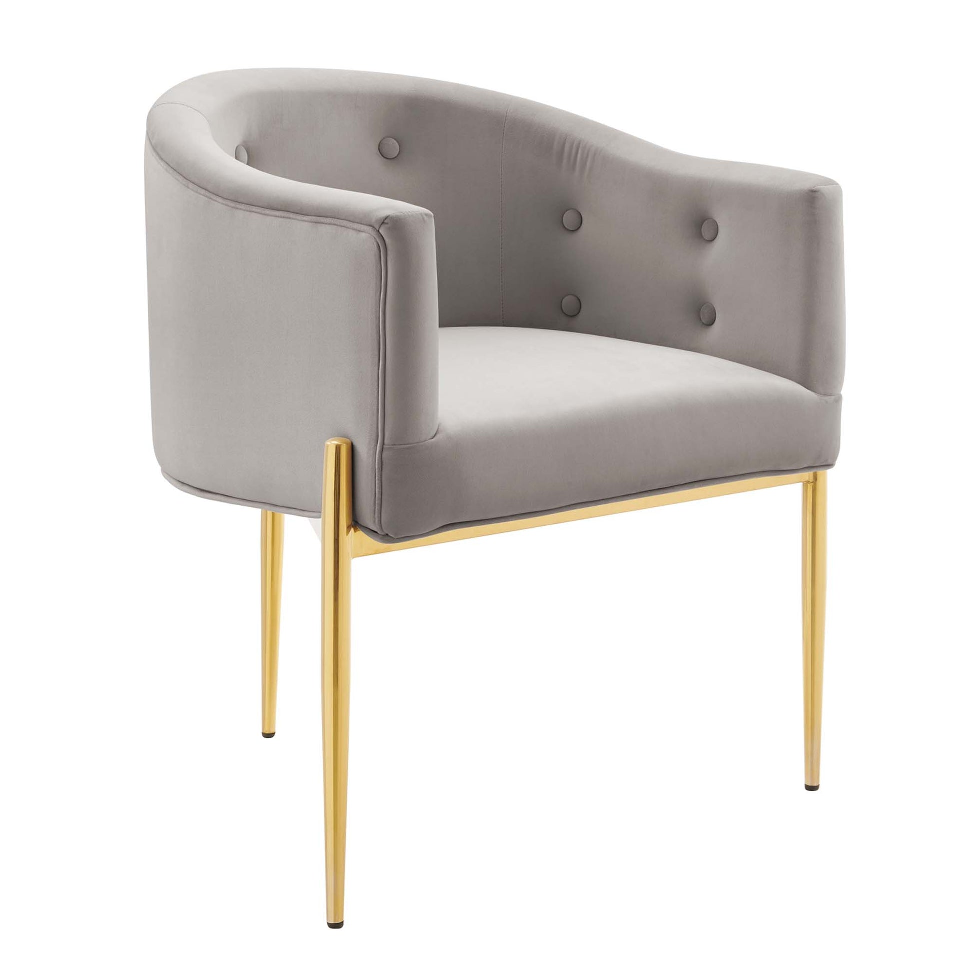 Grey velvet curved accent chair with tufted back and gold metal legs, modern lounge seating.