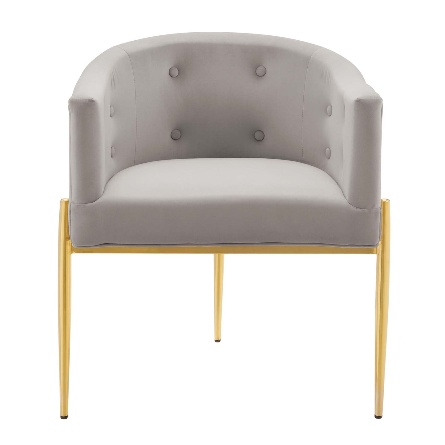 Gray upholstered barrel armchair with tufted back, gold metal legs, modern mid-century style.