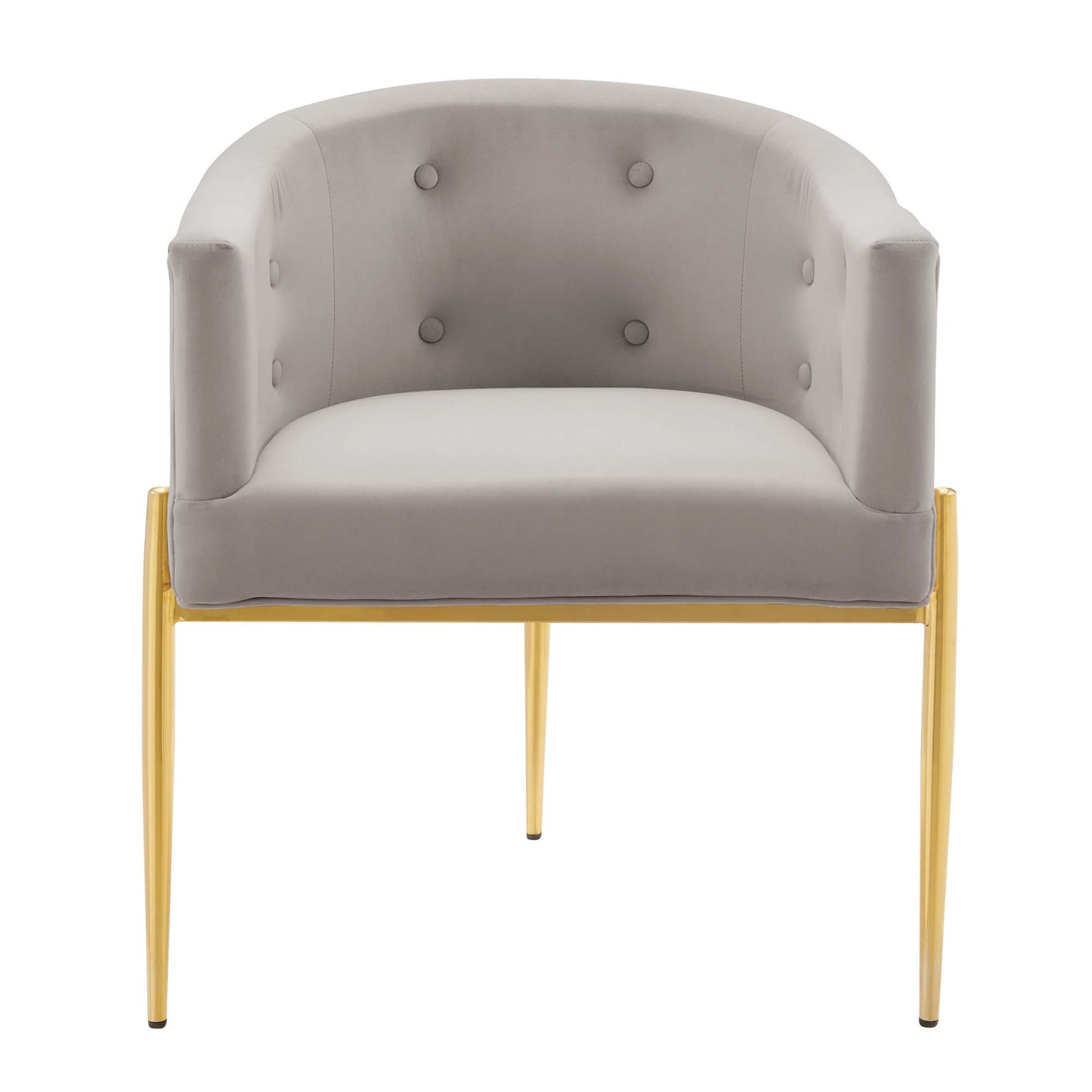 Gray upholstered barrel armchair with tufted back, gold metal legs, modern mid-century style.