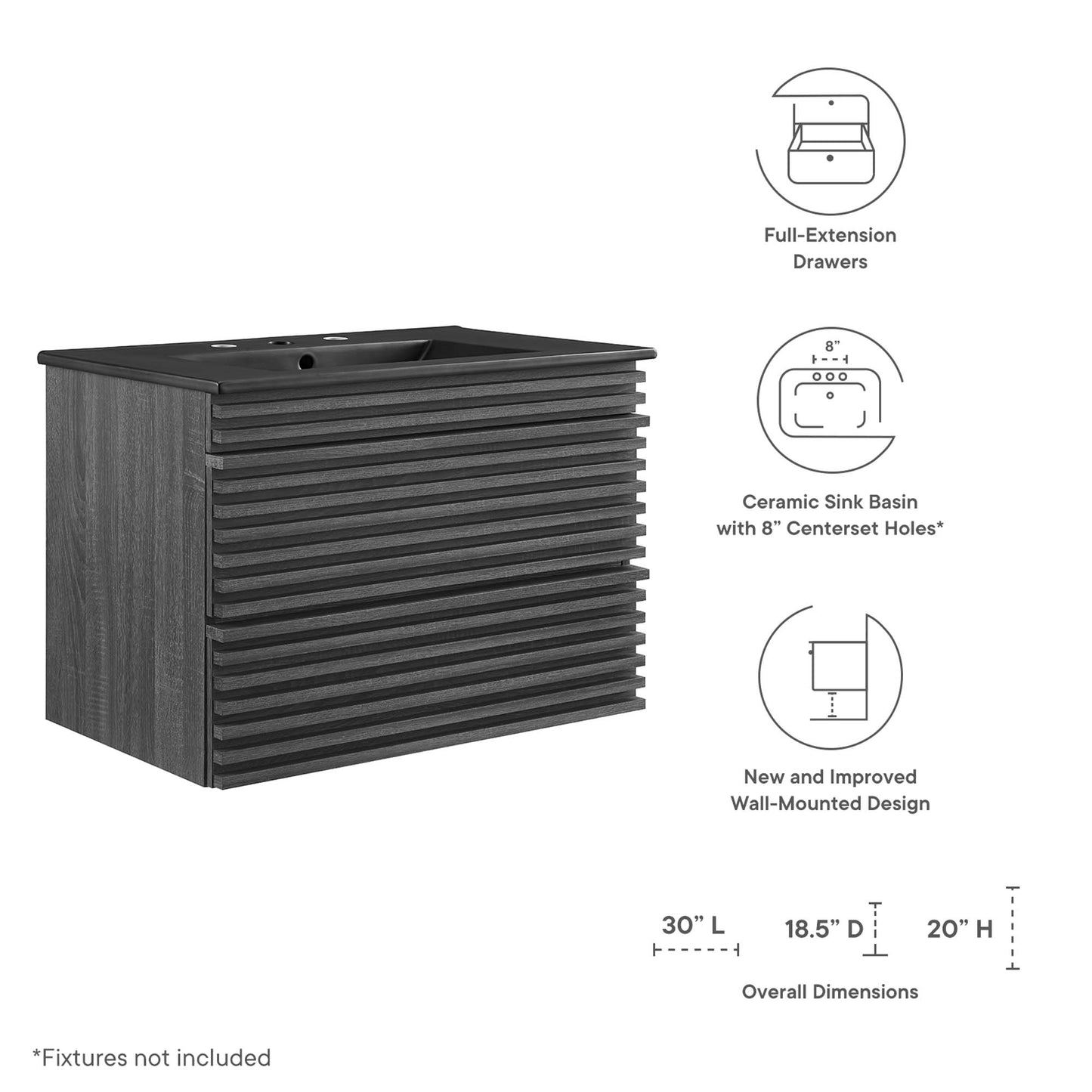 Modway Outlet Render 30" Wall-Mount Bathroom Vanity by Modway  Bathroom Furniture Charcoal Black - EEI-5417-CHA-BLK