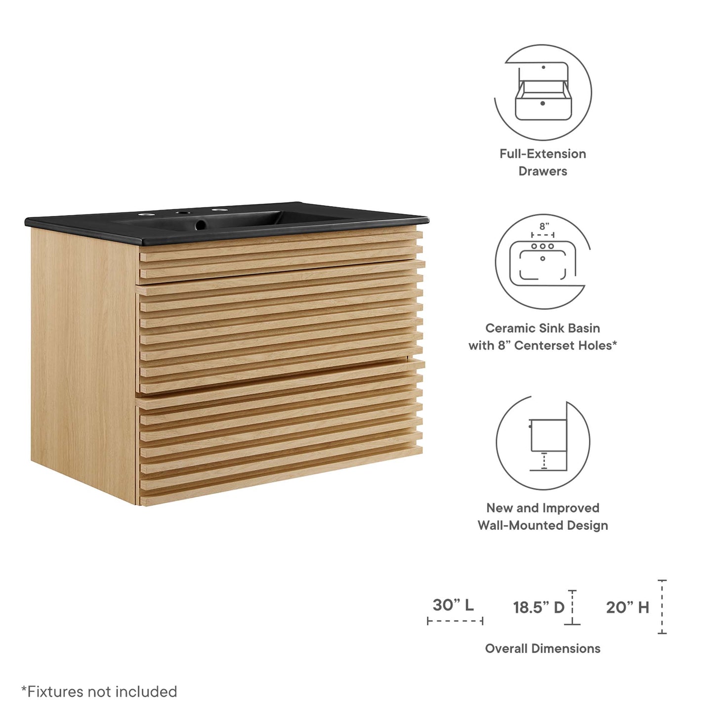 Modway - Render 30" Wall-Mount Bathroom Vanity by Modway  Bathroom Vanities Black - EEI-5417-OAK-BLK