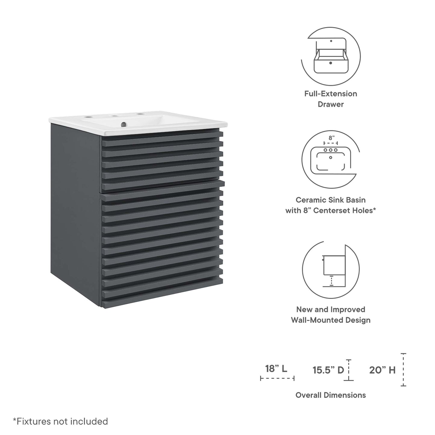 Modway Outlet Render 18" Wall-Mount Bathroom Vanity by Modway  Bathroom Furniture Gray White - EEI-5419-GRY-WHI