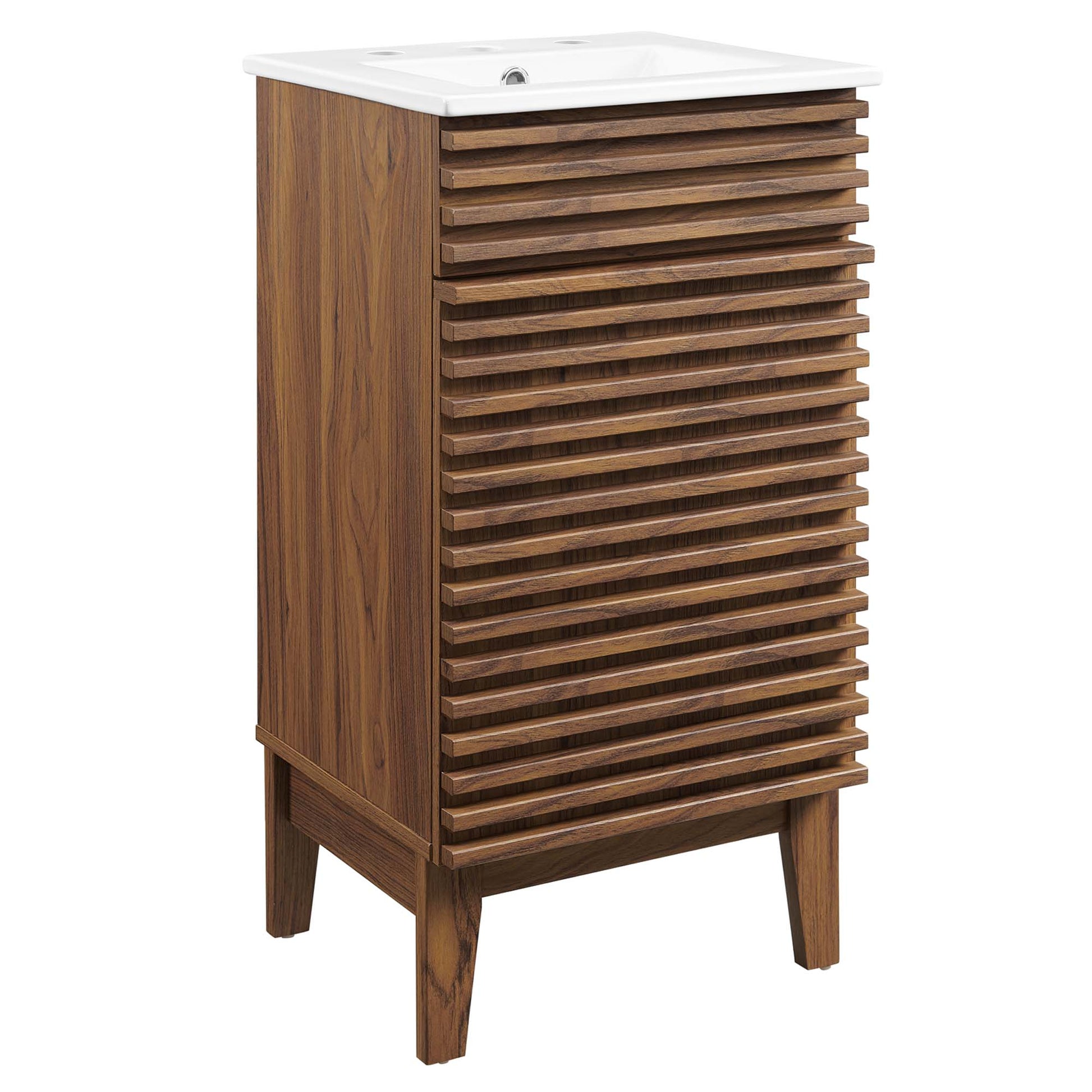 White bathroom vanity with a white ceramic sink, horizontal slatted front, tapered legs, modern style.