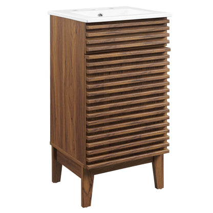 White bathroom vanity with a white ceramic sink, horizontal slatted front, tapered legs, modern style.