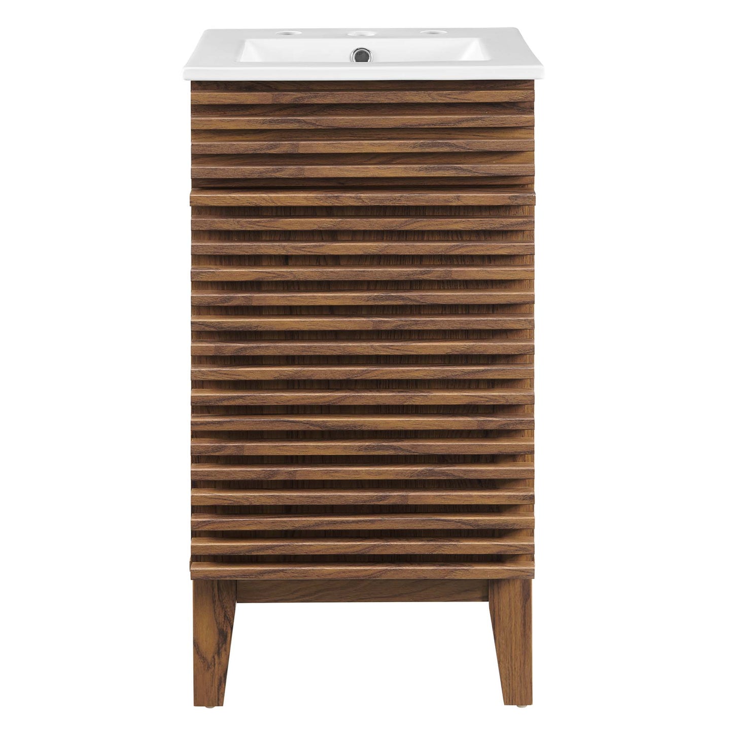 Walnut wood vanity with horizontal slatted front and white rectangular sink top, mid-century modern bathroom cabinet.
