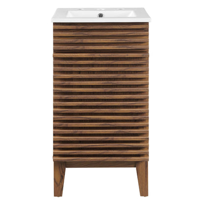 Walnut wood vanity with horizontal slatted front and white rectangular sink top, mid-century modern bathroom cabinet.