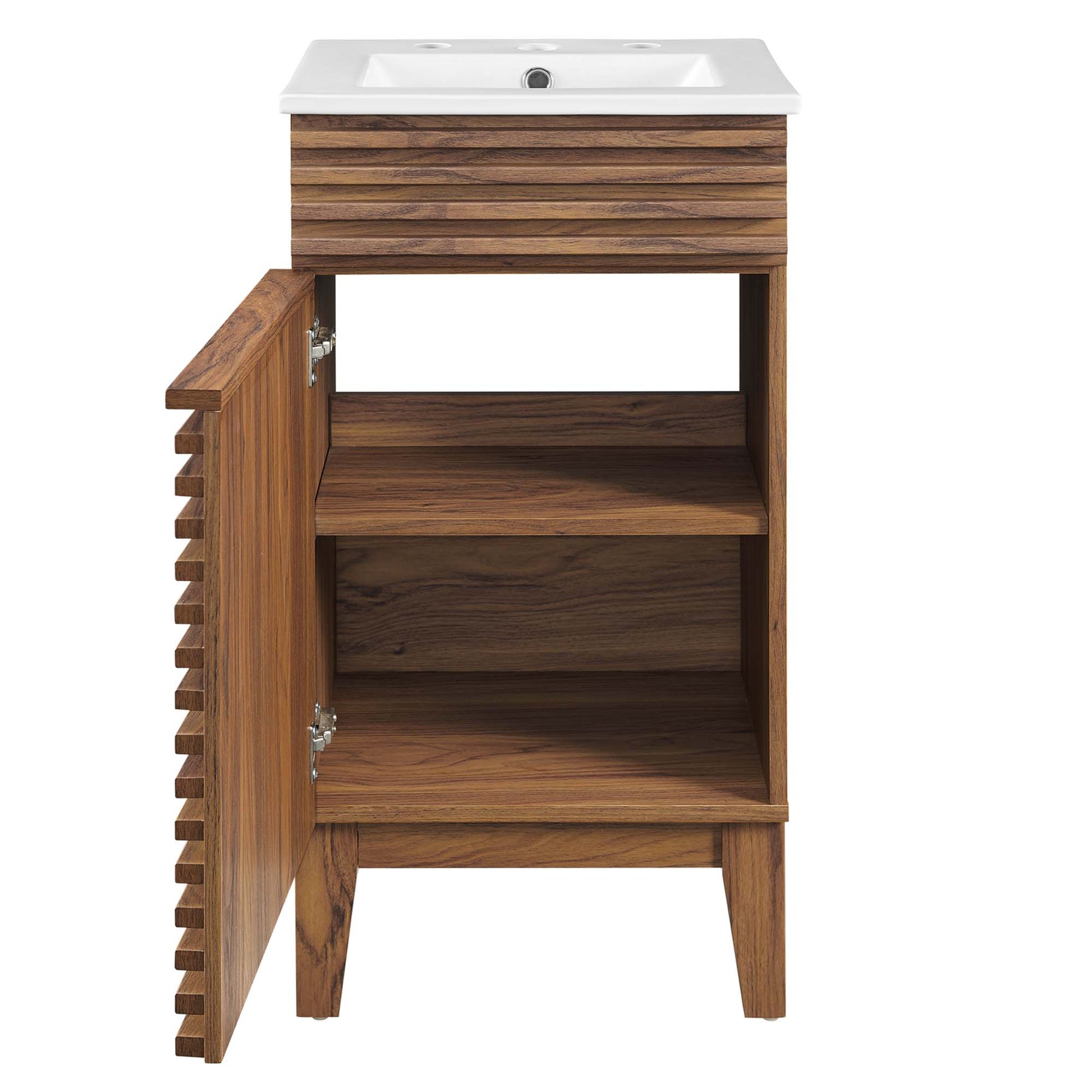 White bathroom vanity cabinet with a white ceramic sink, left slatted door, and two interior shelves.