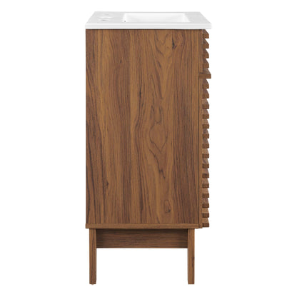 White bathroom vanity with white top and sink, tall cabinet with slatted side and open lower shelf on legs.