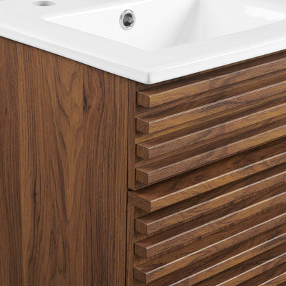 Walnut wood bathroom vanity with horizontal slatted drawers and a white ceramic sink top.