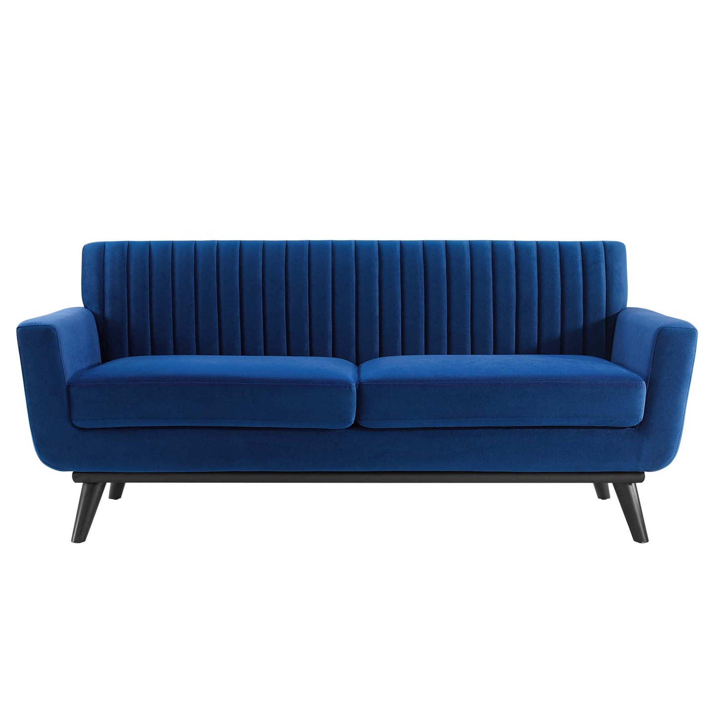 Navy blue velvet loveseat with vertical channel tufting on back, two-seat cushions, and black angled legs.