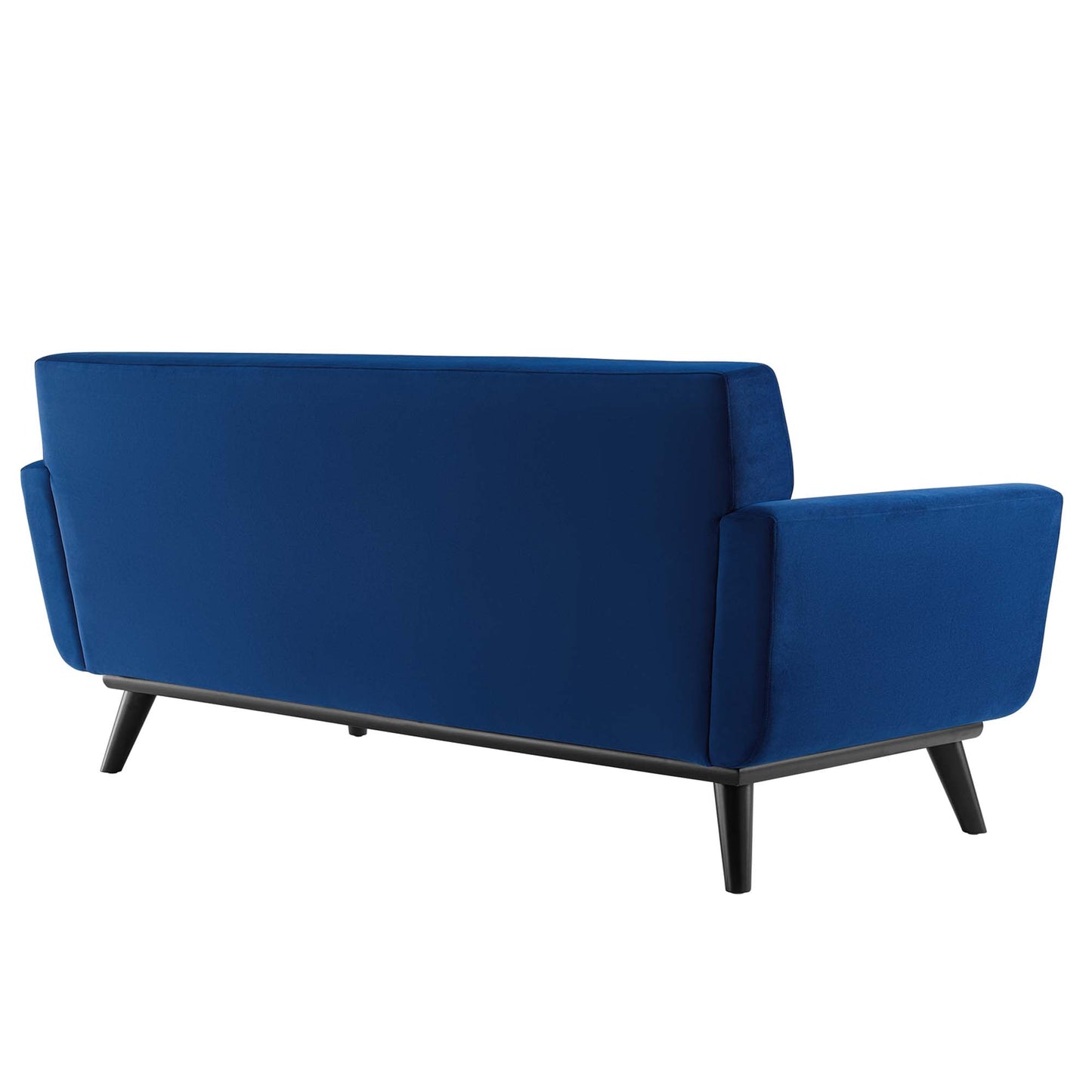 Navy blue velvet loveseat with black angled legs, mid-century modern design, back view.