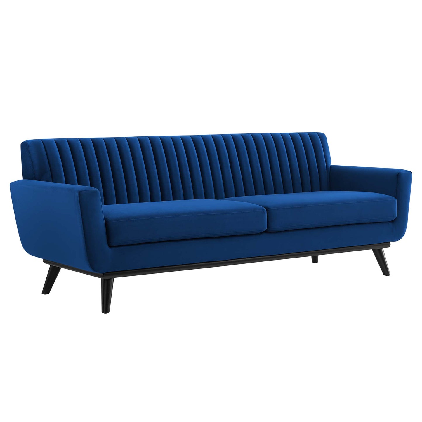 Navy blue velvet sofa with vertical channel-tufted back, slim black angled legs, mid-century modern three-seat design.