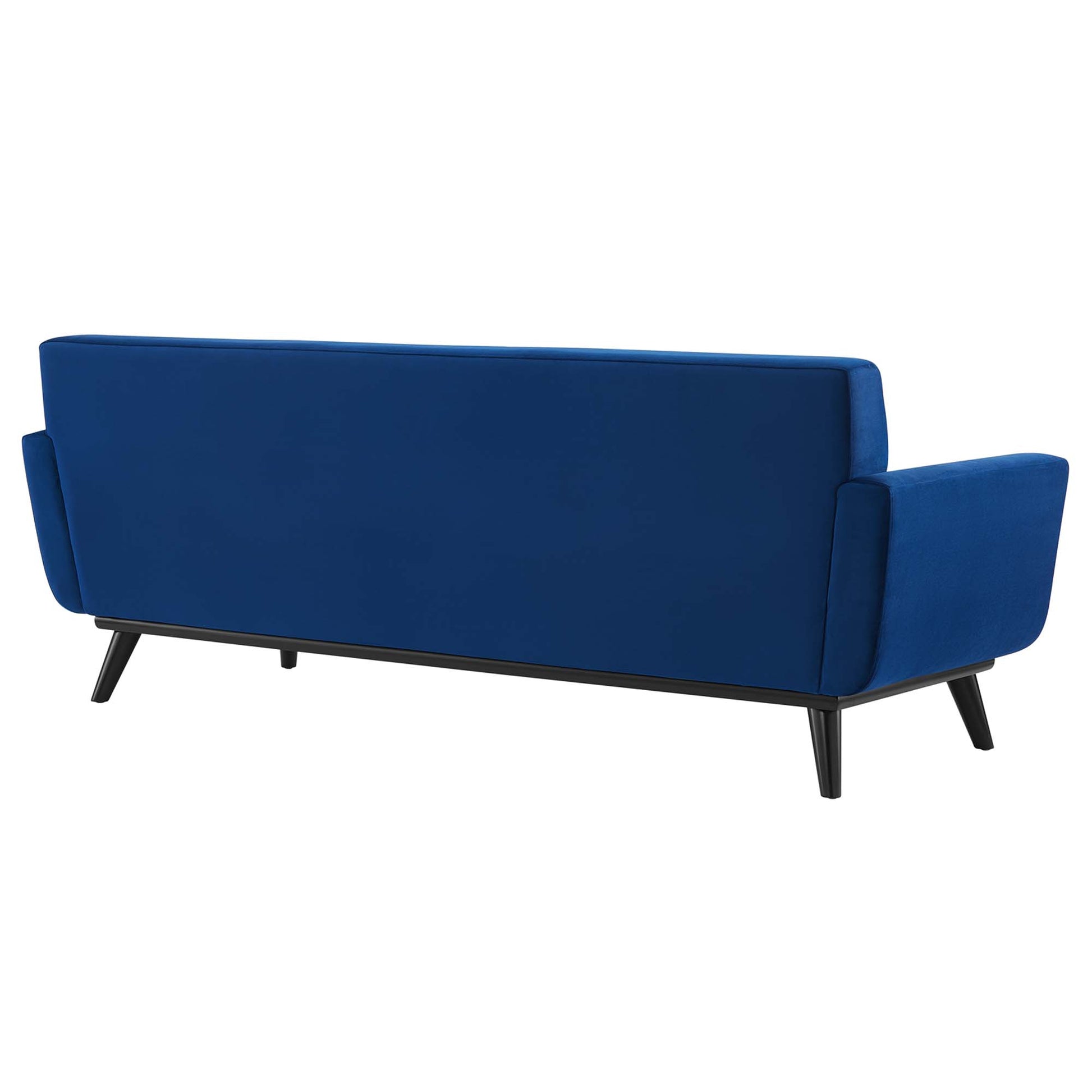 Navy velvet sofa with square arms, low back, black angled legs, mid-century modern style.