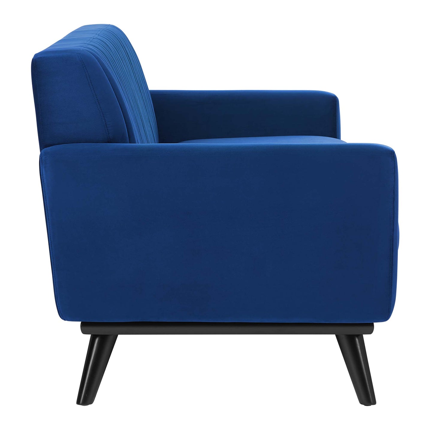 Navy blue velvet upholstered sofa with channel tufting, square arms and angled black legs.