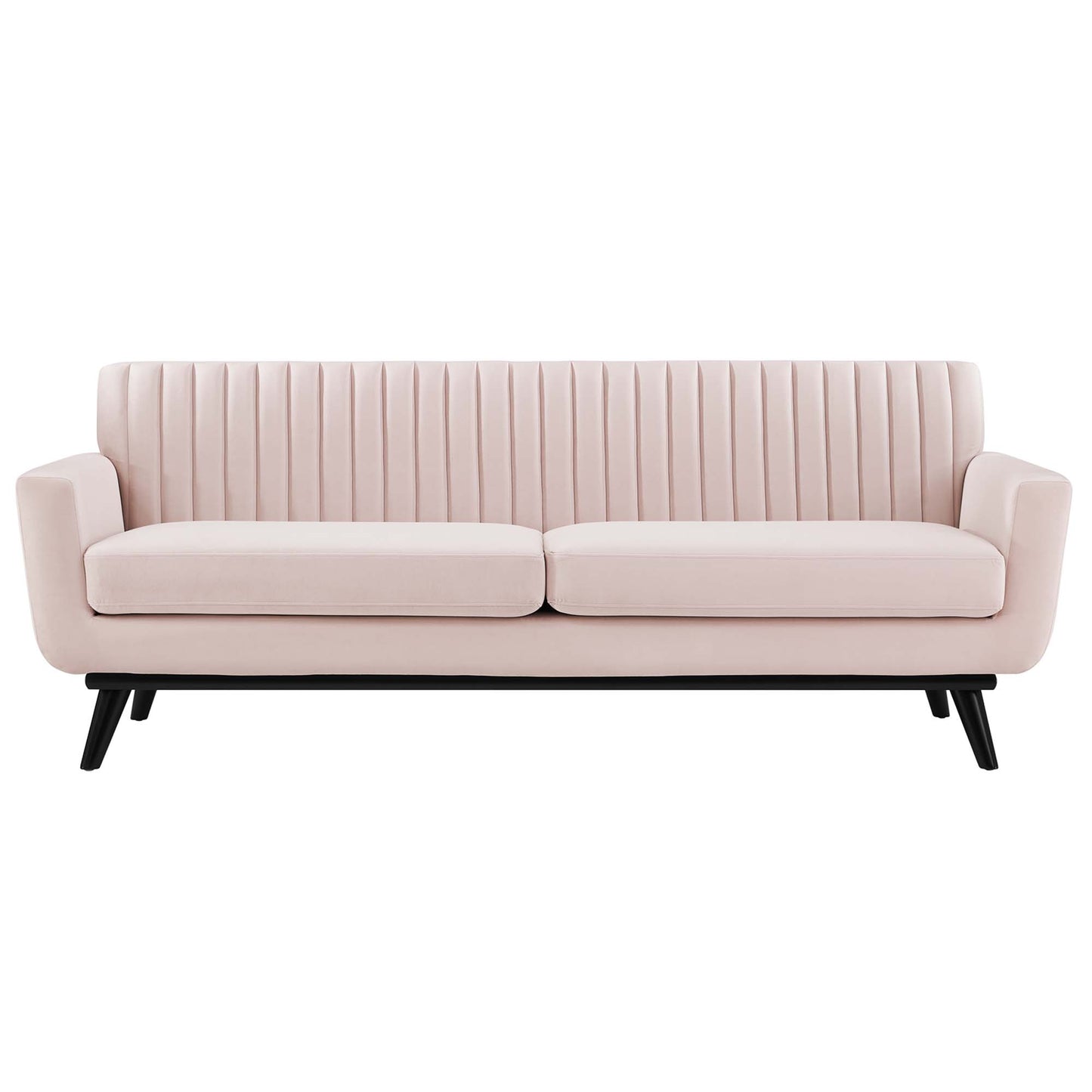 Blush pink velvet sofa with vertical channel tufting, two cushions, black angled legs.