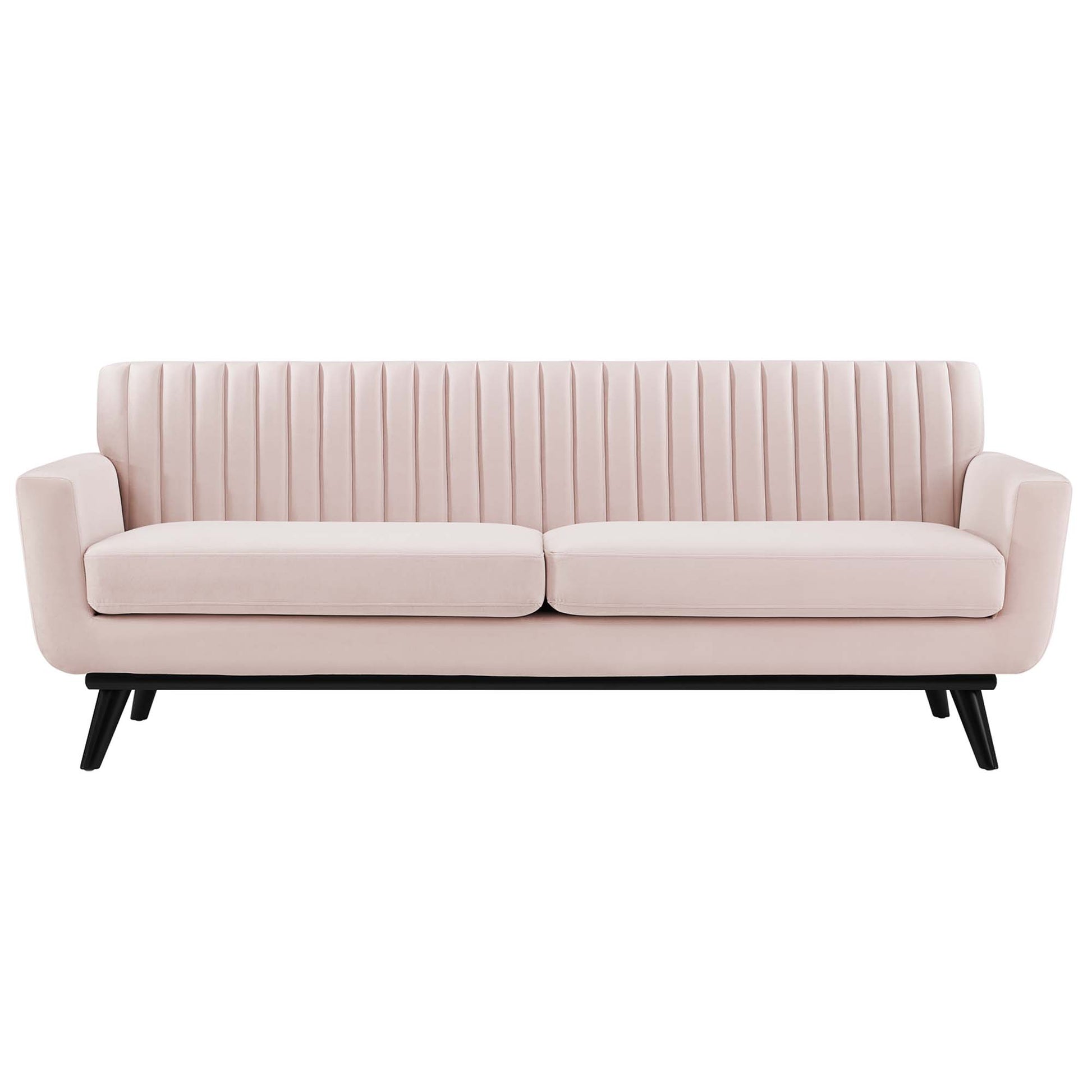 Blush pink velvet sofa with vertical channel tufting, two cushions, black angled legs.