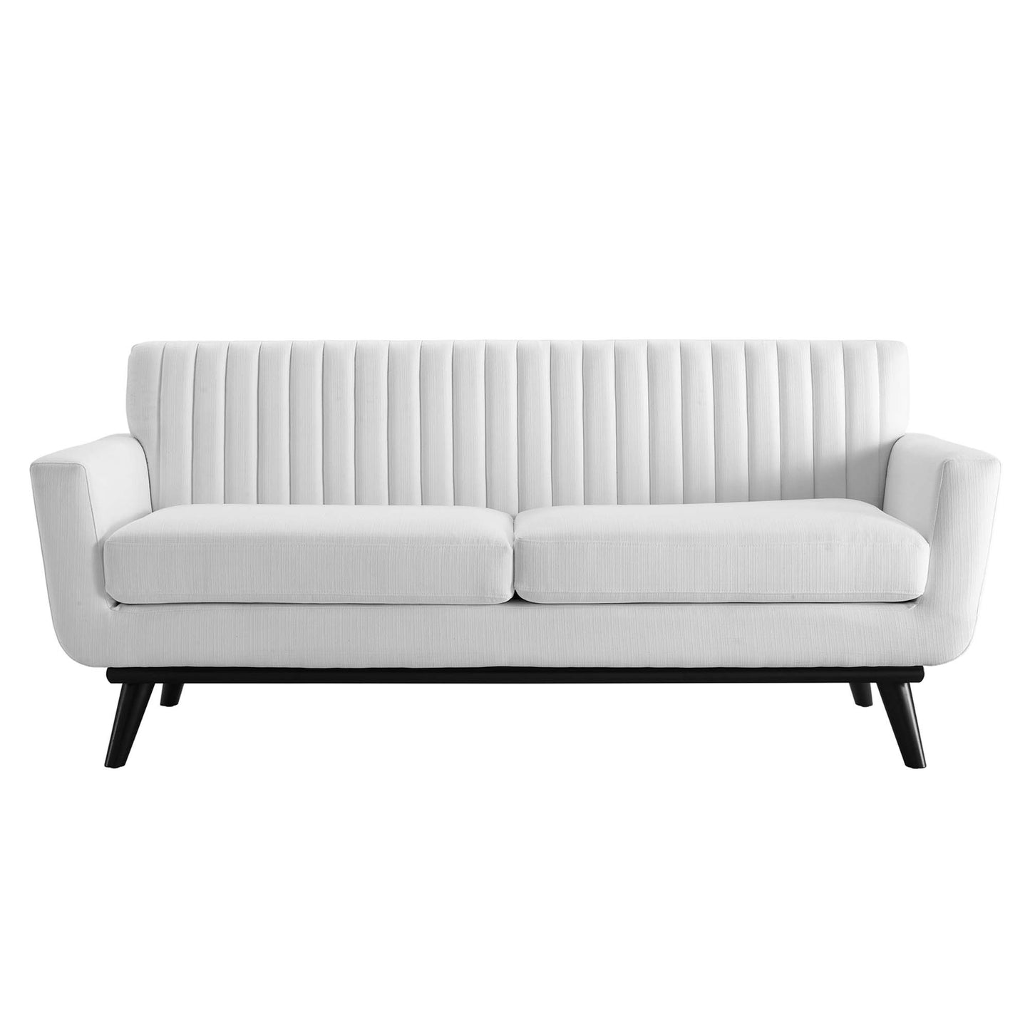 White fabric loveseat with channel tufting on the back, two cushions, and black angled legs; modern mid-century design.