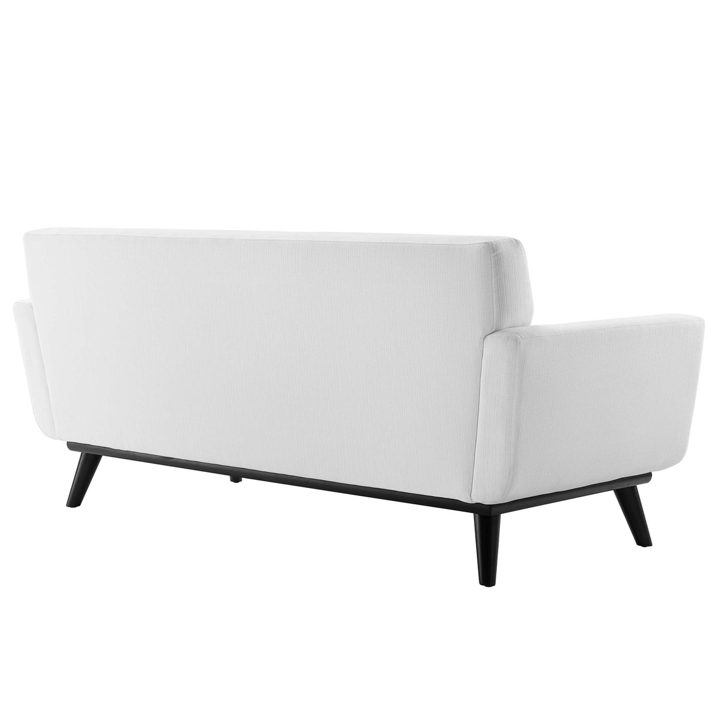 White fabric upholstered loveseat with black angled legs, low back and slim arms, mid-century modern style
