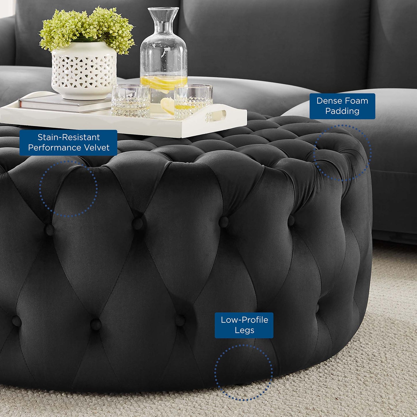 Modway - Amour Tufted Button Large Round Performance Velvet Ottoman by Modway  Living Room Sofas and Armchairs Black - EEI-5469-BLK