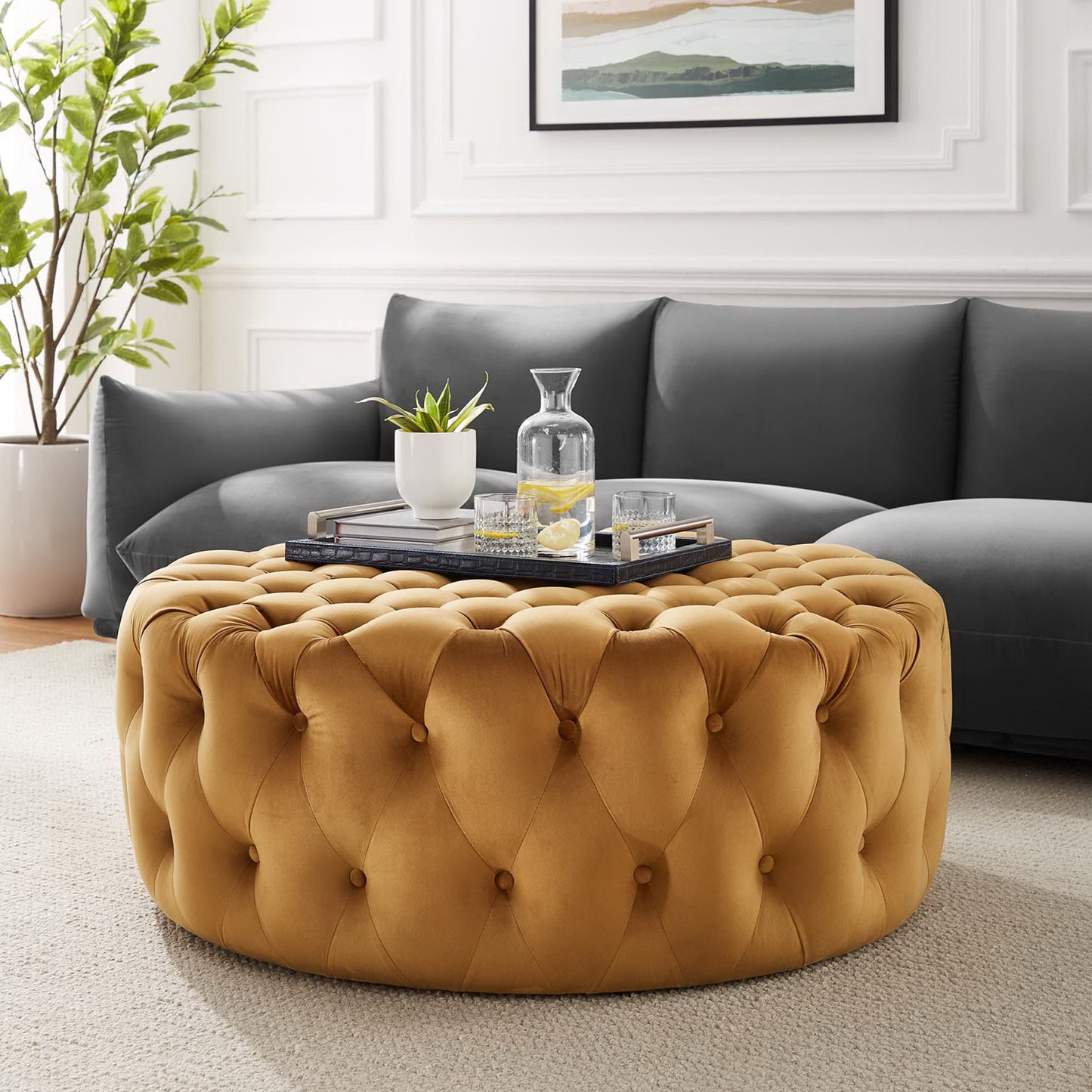Modway - Amour Tufted Button Large Round Performance Velvet Ottoman by Modway  Living Room Sofas and Armchairs Blue - EEI-5469-COG