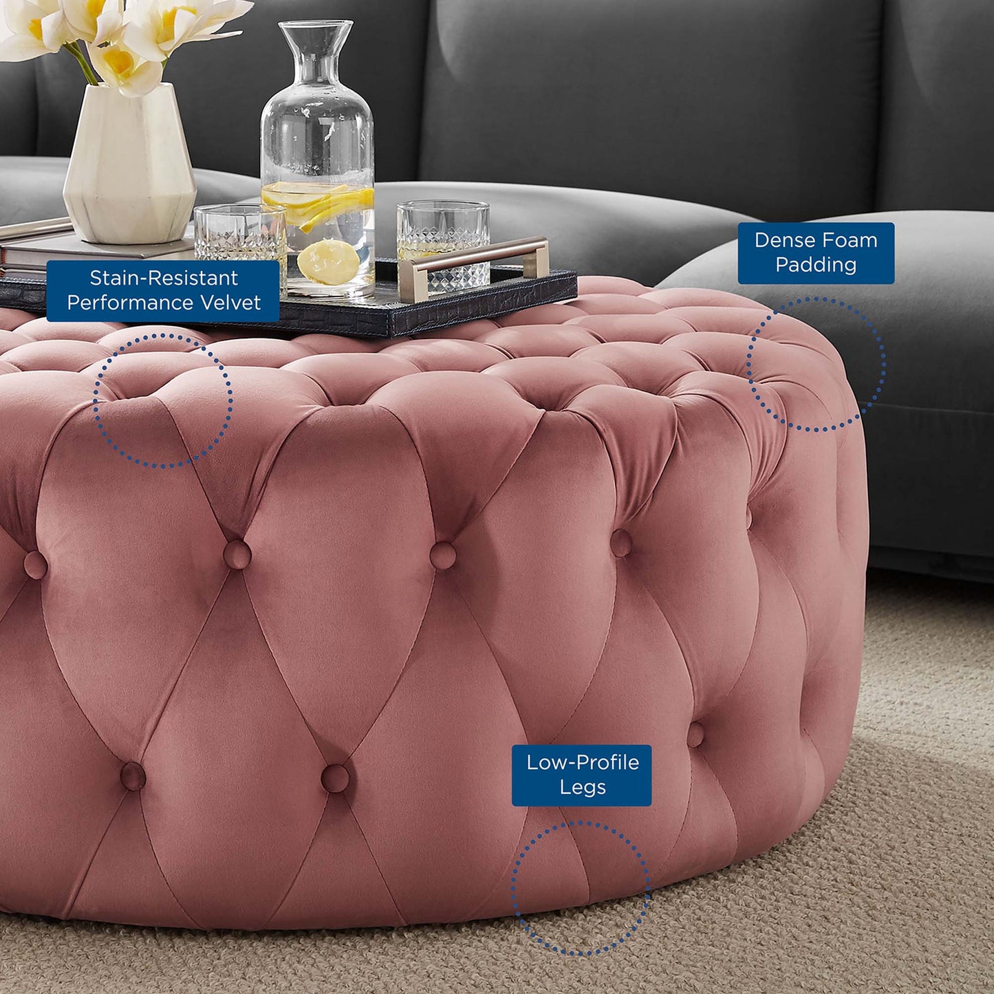 Modway - Amour Tufted Button Large Round Performance Velvet Ottoman by Modway  Living Room Sofas and Armchairs Red - EEI-5469-DUS