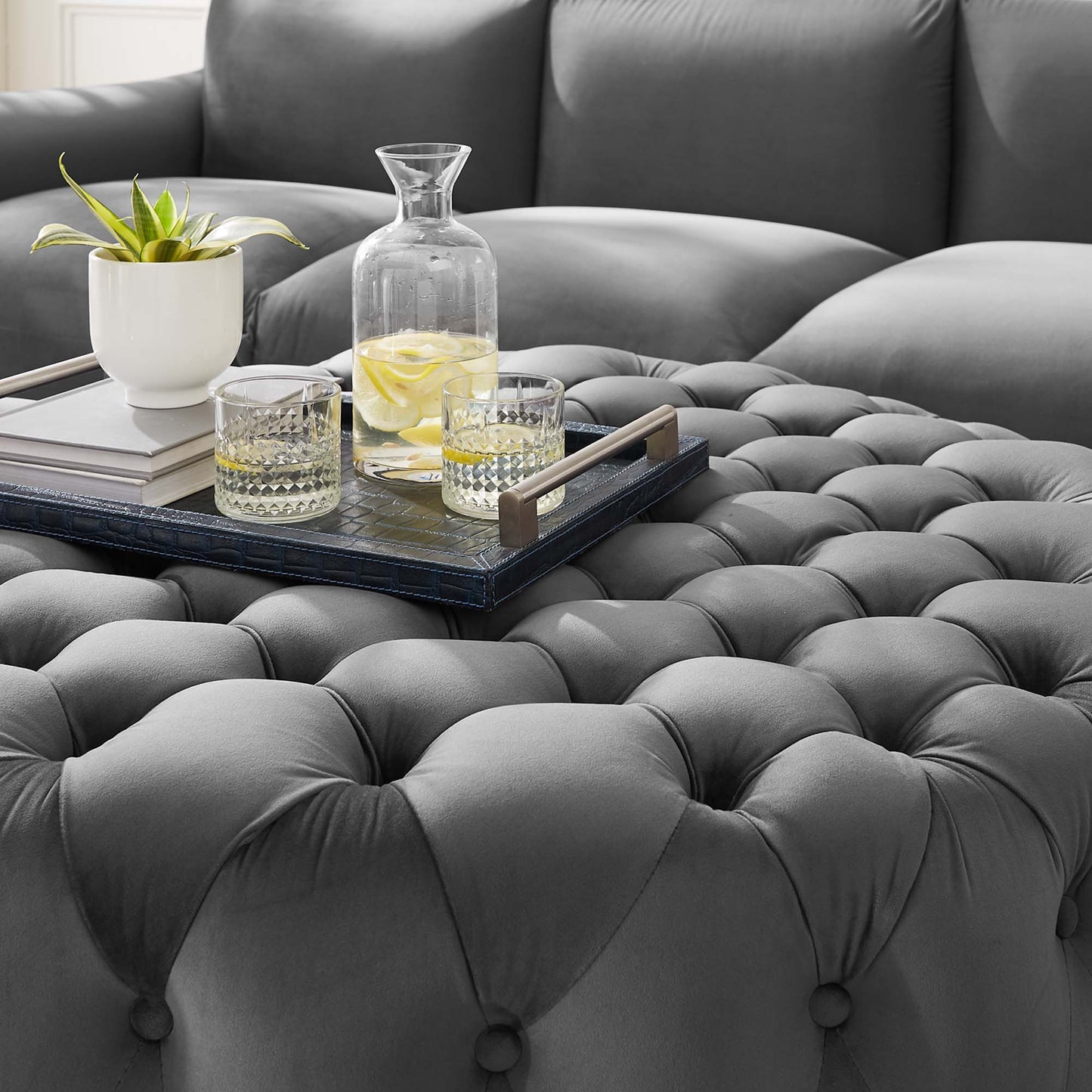 Modway - Amour Tufted Button Large Round Performance Velvet Ottoman by Modway  Living Room Sofas and Armchairs Gray - EEI-5469-GRY