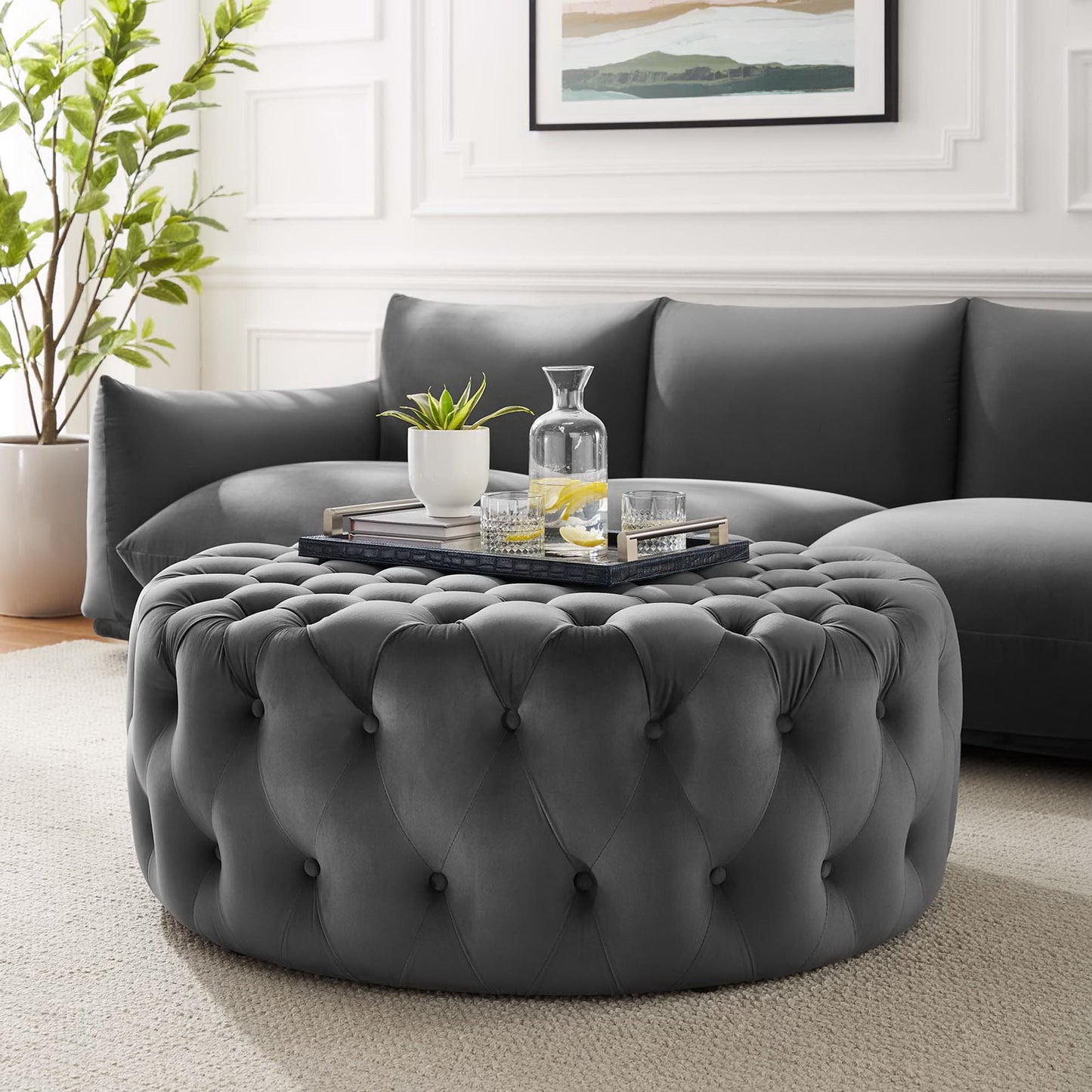 Modway - Amour Tufted Button Large Round Performance Velvet Ottoman by Modway  Living Room Sofas and Armchairs Gray - EEI-5469-GRY