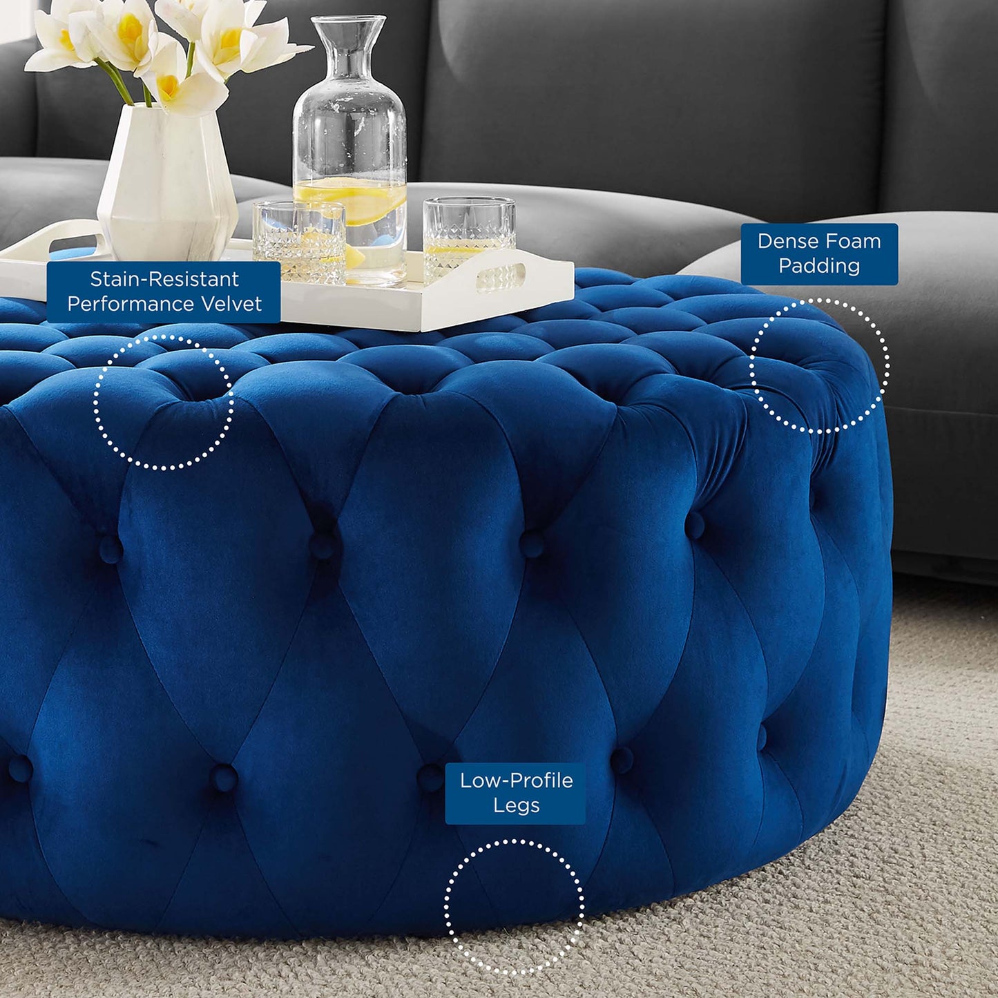 Modway - Amour Tufted Button Large Round Performance Velvet Ottoman by Modway  Living Room Sofas and Armchairs Blue - EEI-5469-NAV