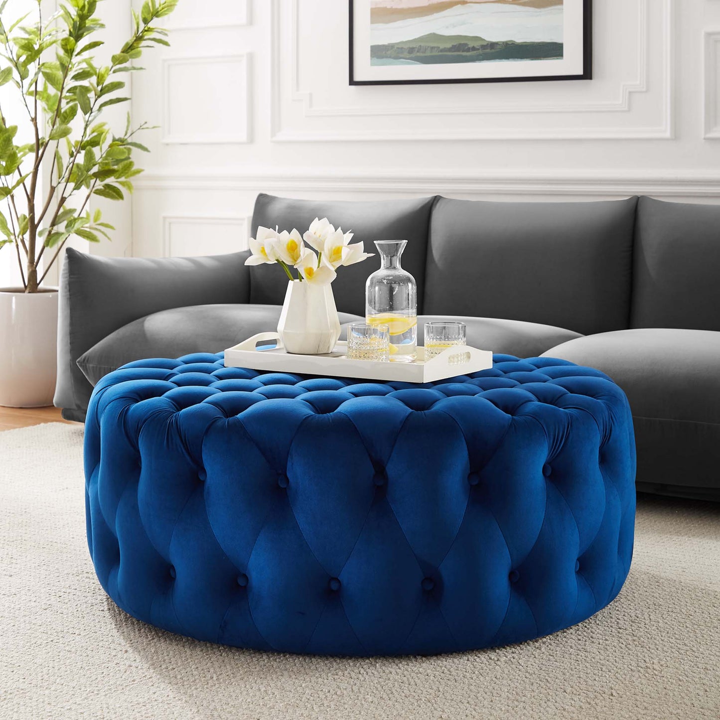 Modway - Amour Tufted Button Large Round Performance Velvet Ottoman by Modway  Living Room Sofas and Armchairs Blue - EEI-5469-NAV