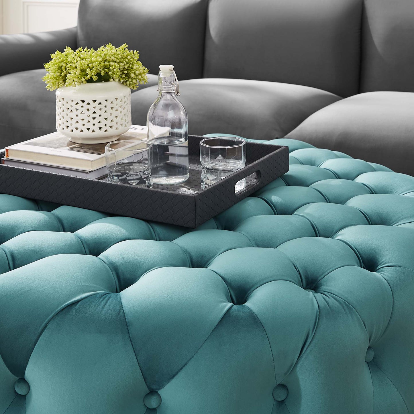 Modway Outlet Amour Tufted Button Large Round Performance Velvet Ottoman by Modway  Living Room Furniture Sea Blue - EEI-5469-SEA