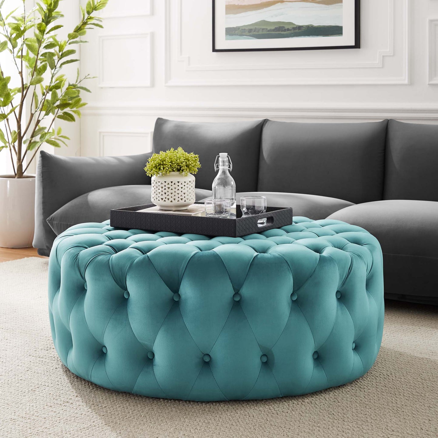 Modway Outlet Amour Tufted Button Large Round Performance Velvet Ottoman by Modway  Living Room Furniture Sea Blue - EEI-5469-SEA