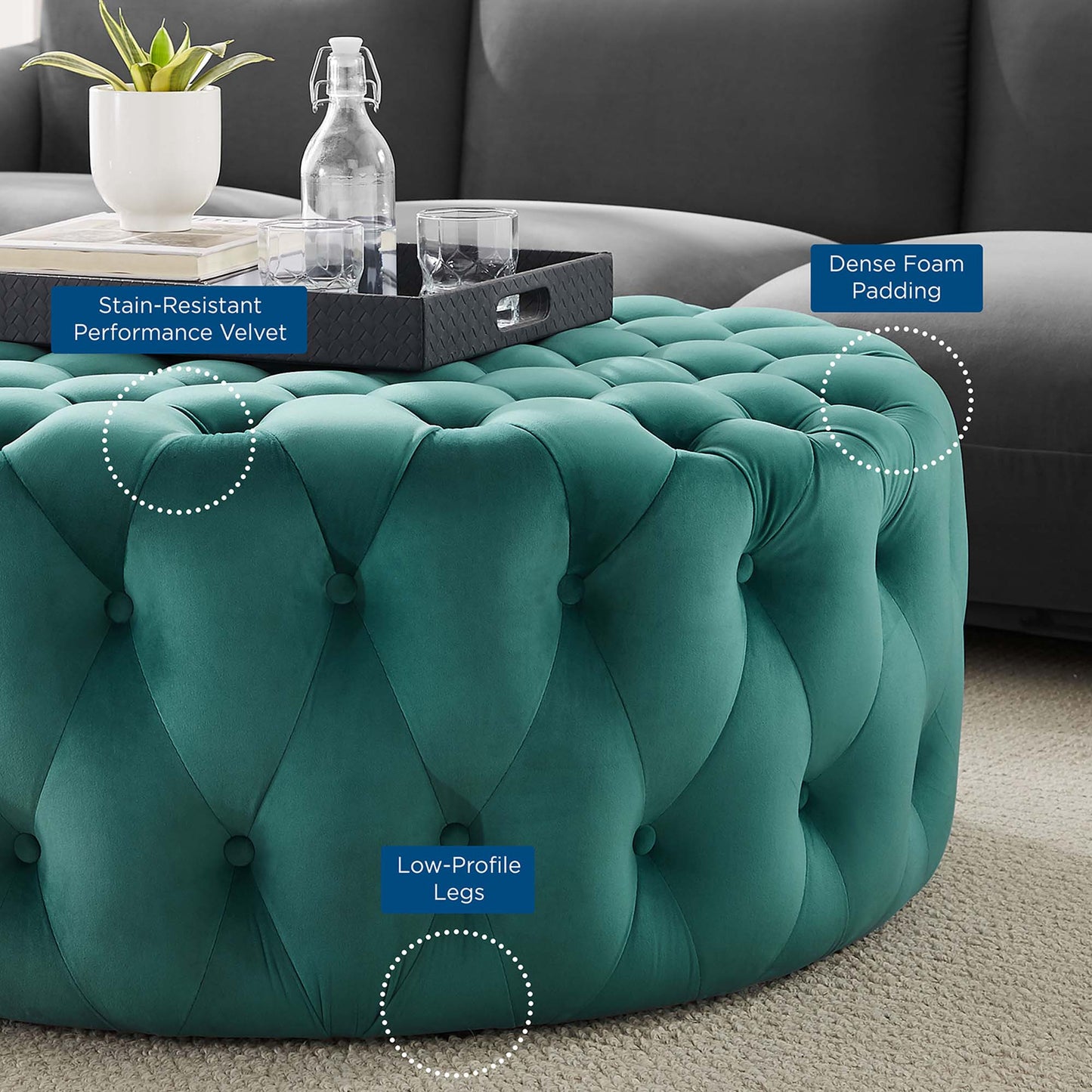 Modway - Amour Tufted Button Large Round Performance Velvet Ottoman by Modway  Living Room Sofas and Armchairs Blue - EEI-5469-TEA