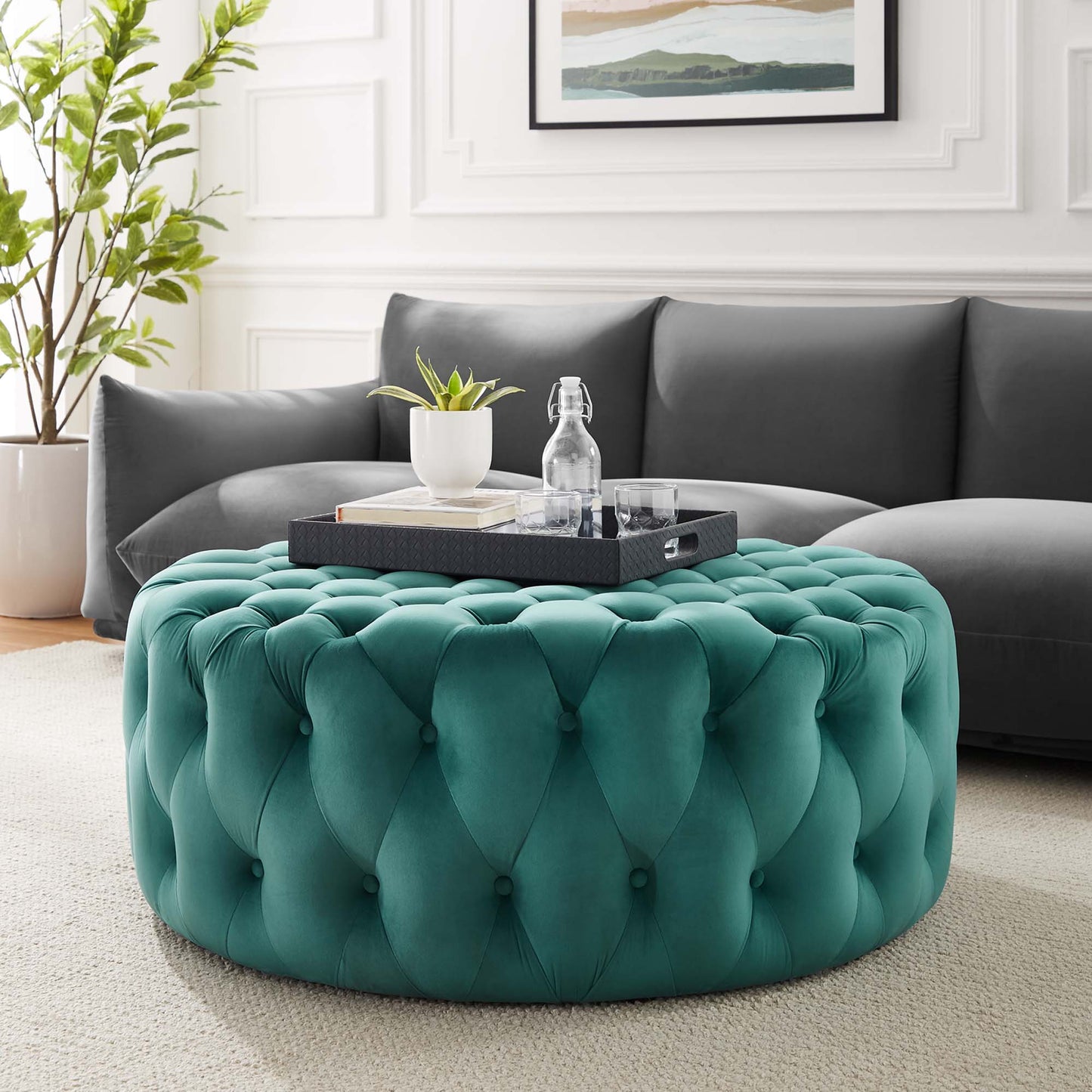 Modway - Amour Tufted Button Large Round Performance Velvet Ottoman by Modway  Living Room Sofas and Armchairs Blue - EEI-5469-TEA
