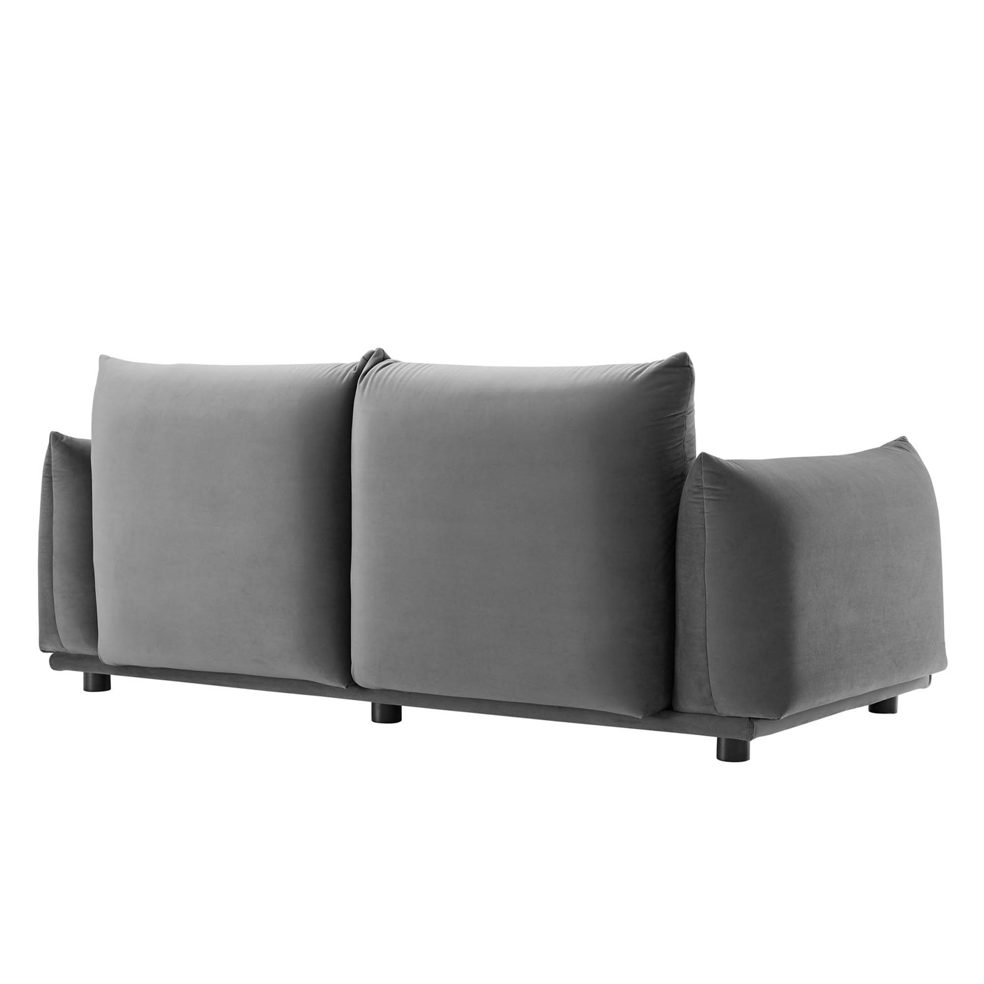 Gray performance velvet loveseat with plush back cushions, low-profile legs, and contemporary seating.