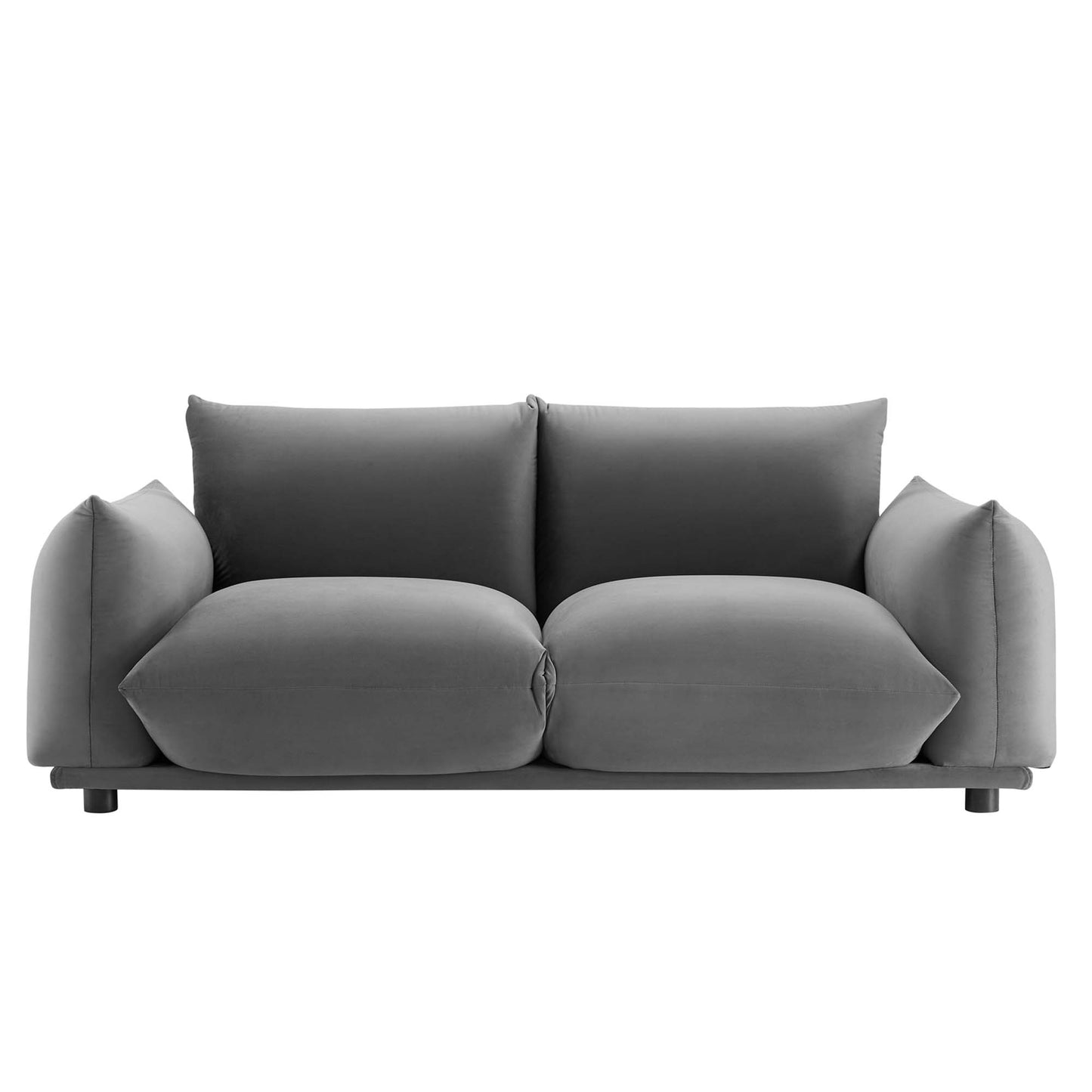 Gray fabric loveseat with oversized plush cushions, rounded arms, and low-profile legs for a modern, comfy style.