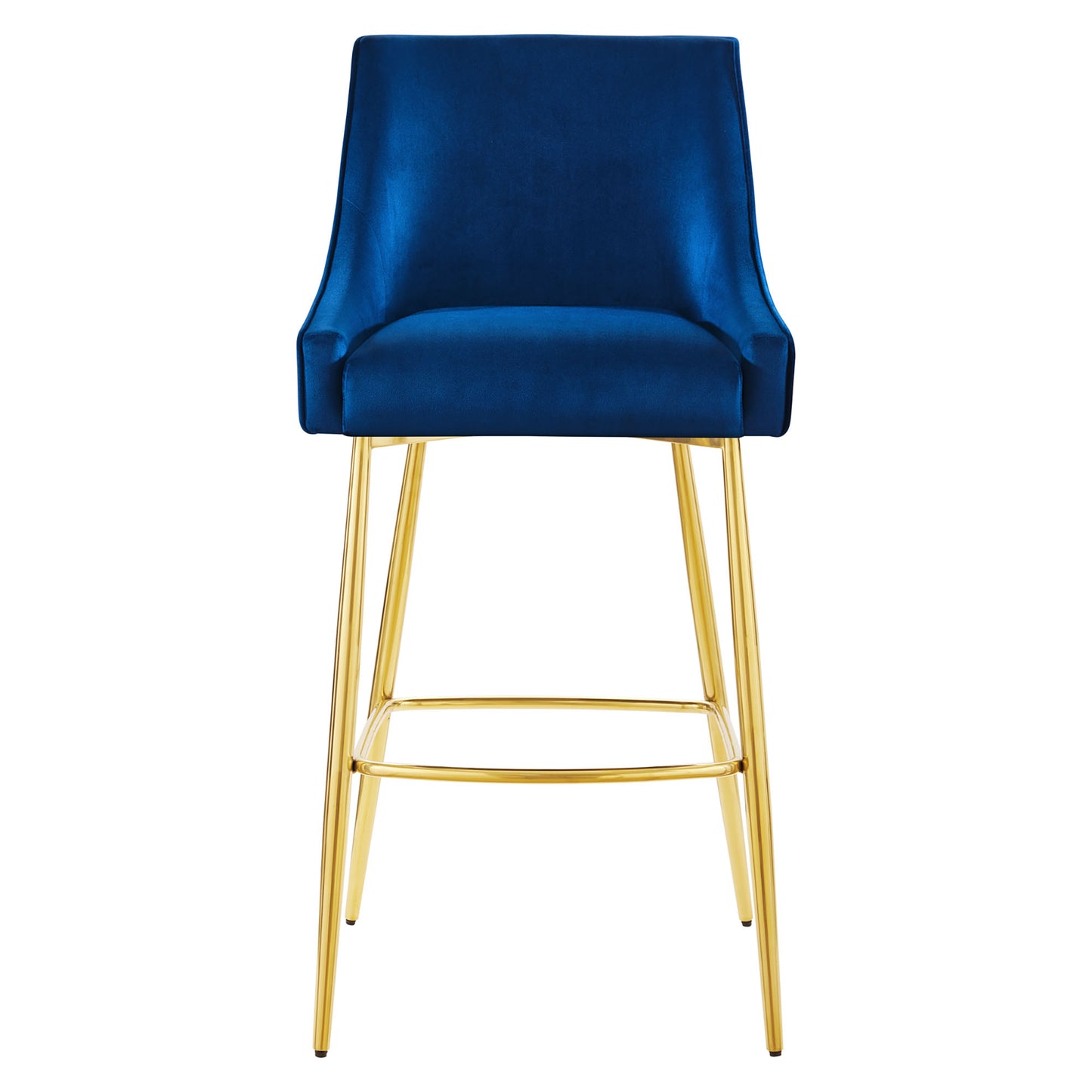 Navy blue velvet bar stool with high back, gold metal legs and footrest.