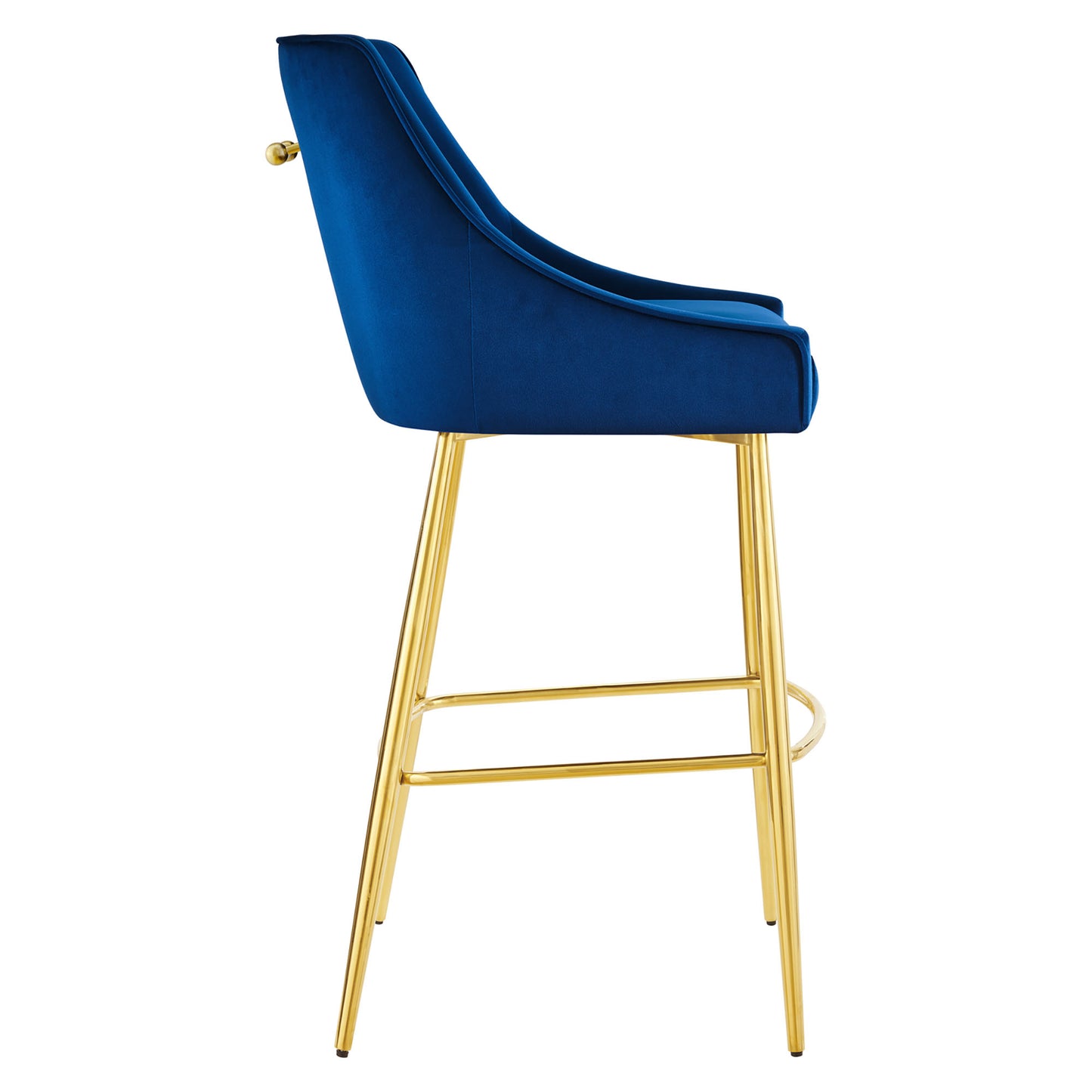 Navy blue velvet upholstered bar stool with curved backrest and gold-tone metal legs.