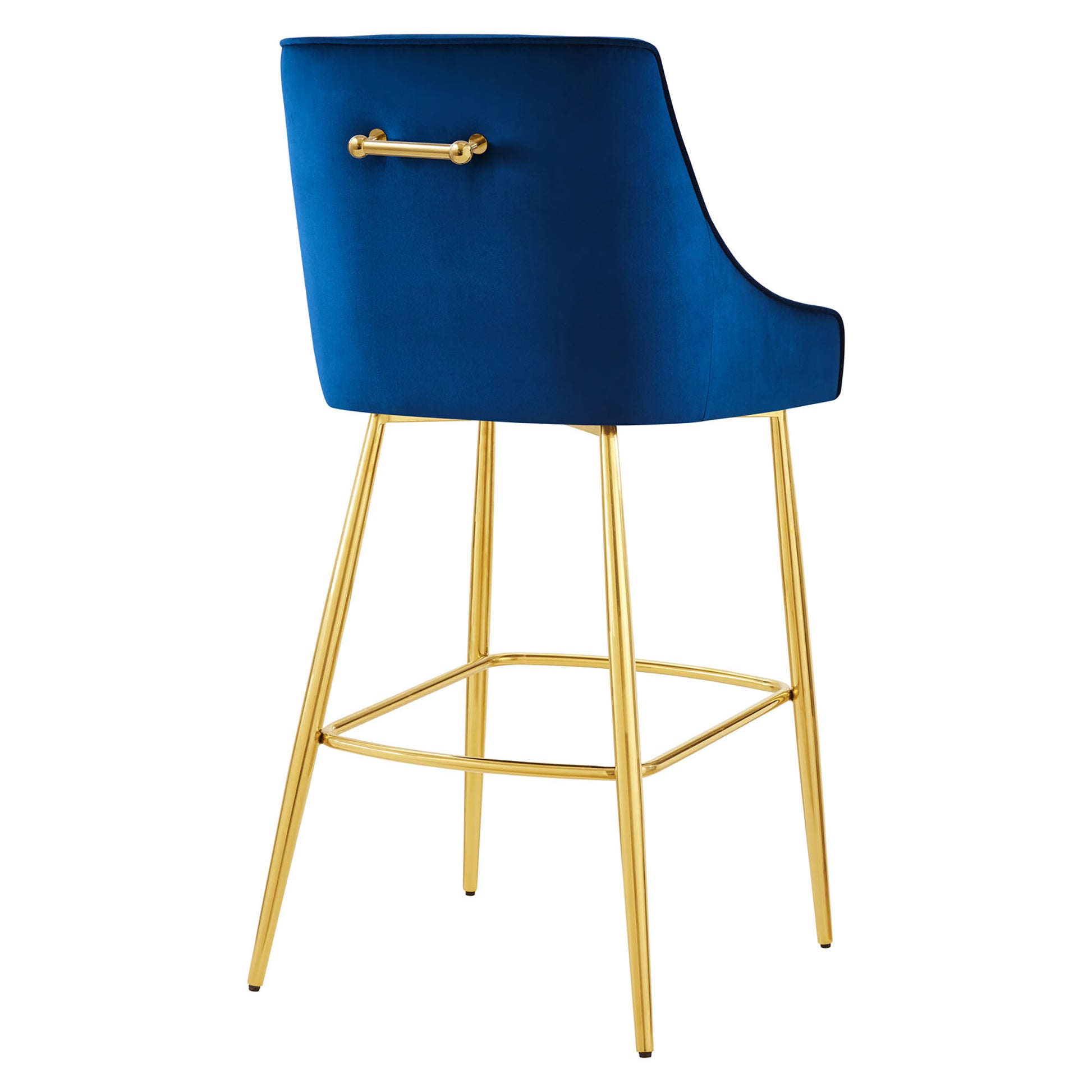 Navy velvet curved-back bar stool with gold metal legs and footrest; modern glam style.
