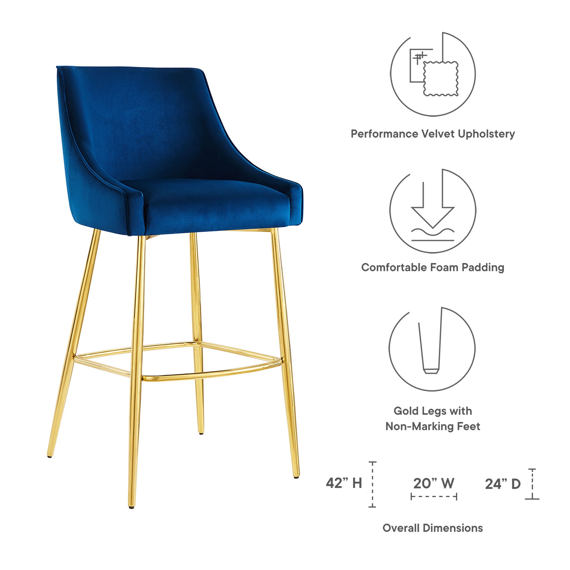 Navy velvet upholstered bar stool with gold metal legs, footrest, foam padding and curved high back.